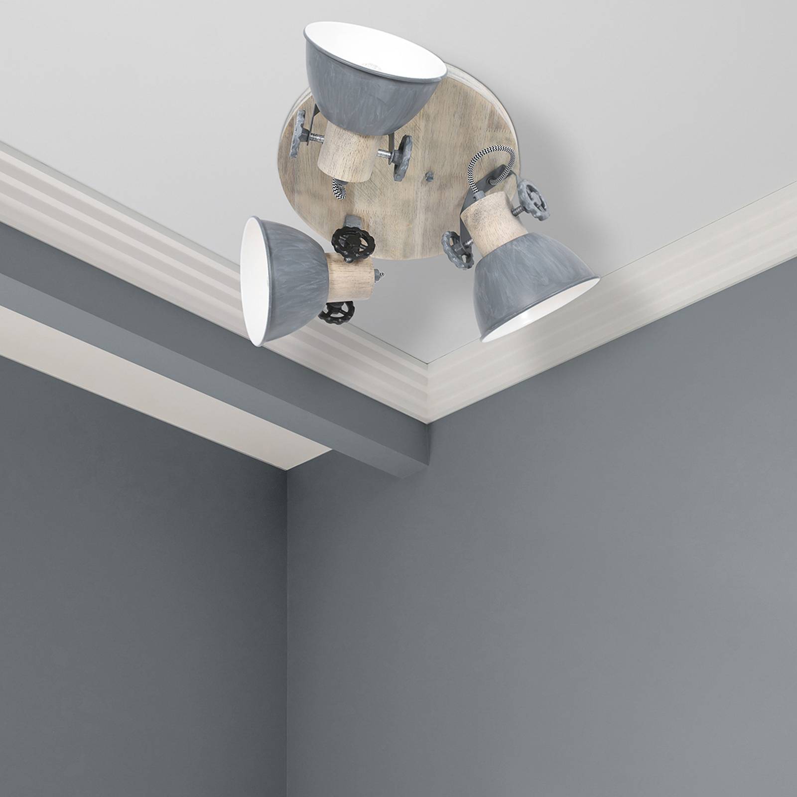 Steinhauer Spot plafond Gearwood, à 3 lampes rond, gris