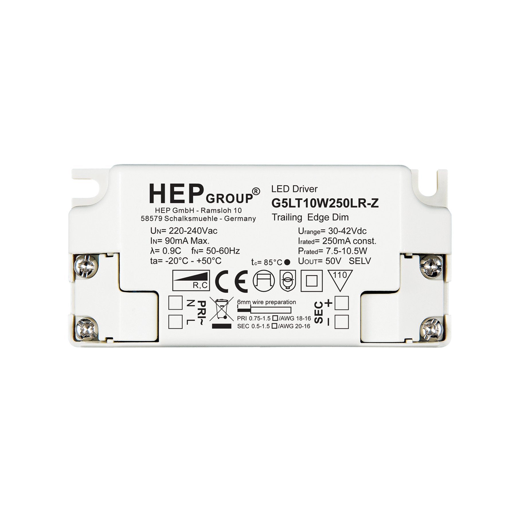 HEP LED driver G5LT, 10 W, 250 mA, dimmable, CC, plastic, L: 8.5 cm, W: 7.6 cm, H: 2.2 cm
