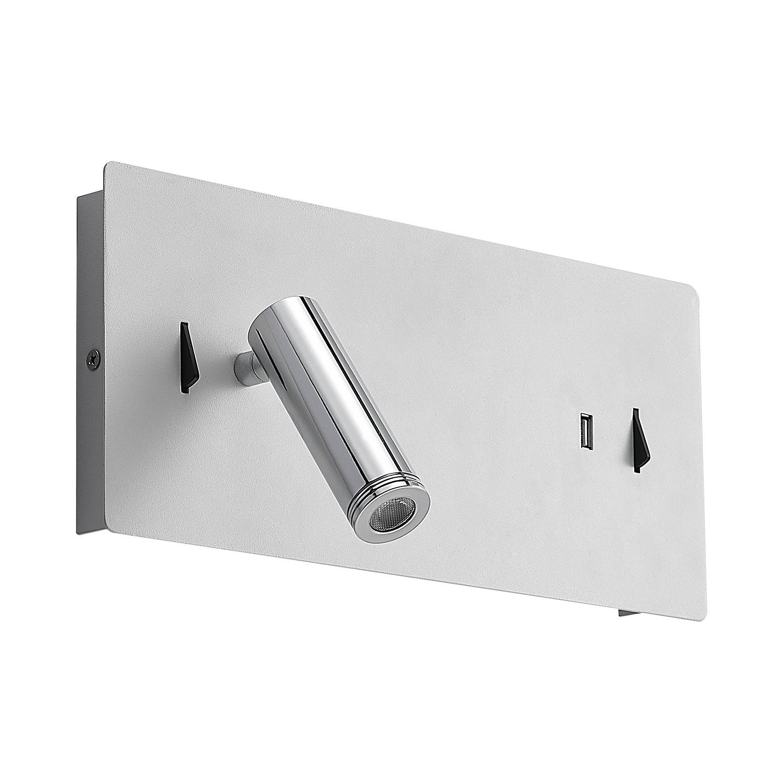 Lucande Kimo LED wall lamp angular white, USB slot, for Living / Dining Room, iron, aluminium, 10 W, W: 32 cm, H: 14 cm