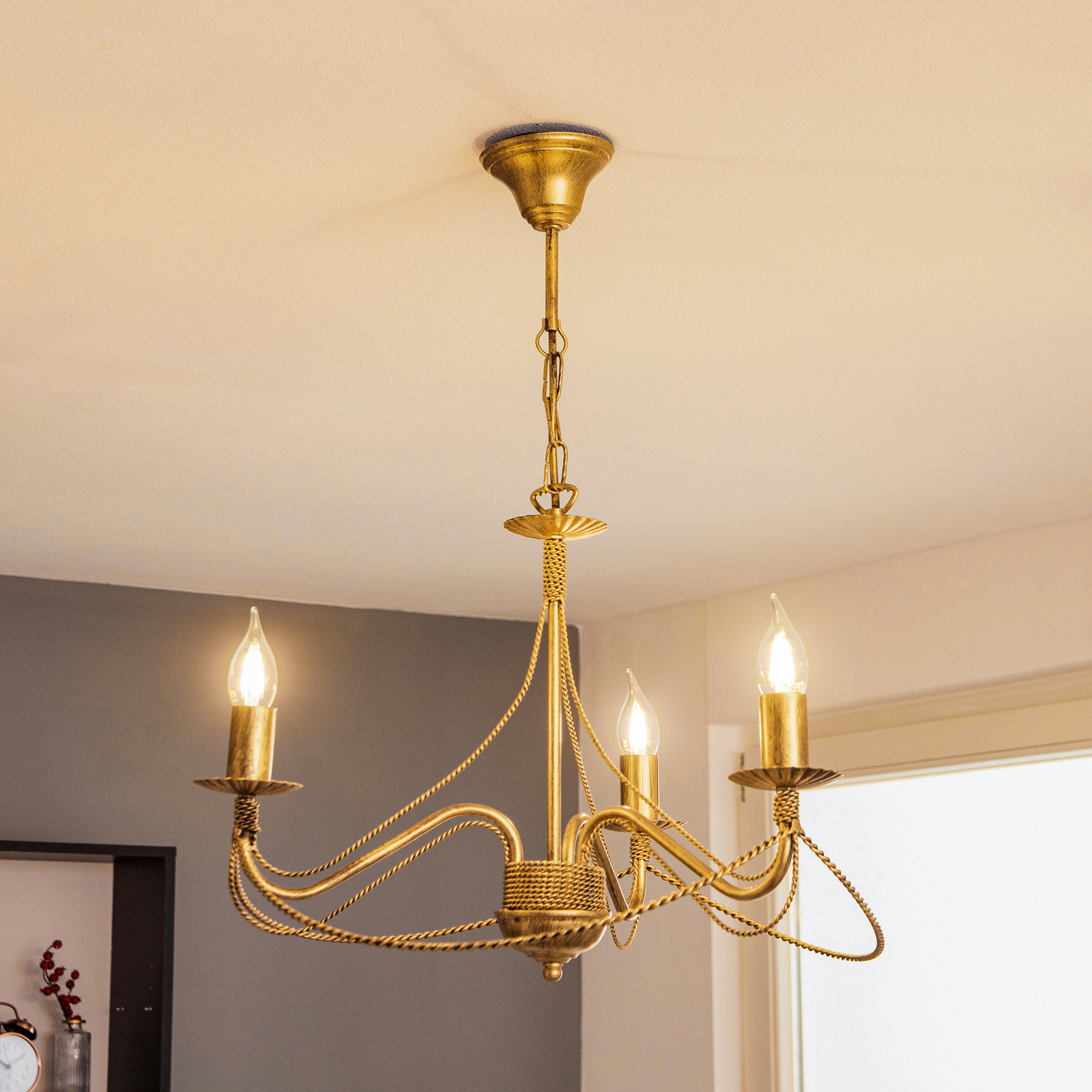 Lámpara de araña Tori 3, 3 luces, oro