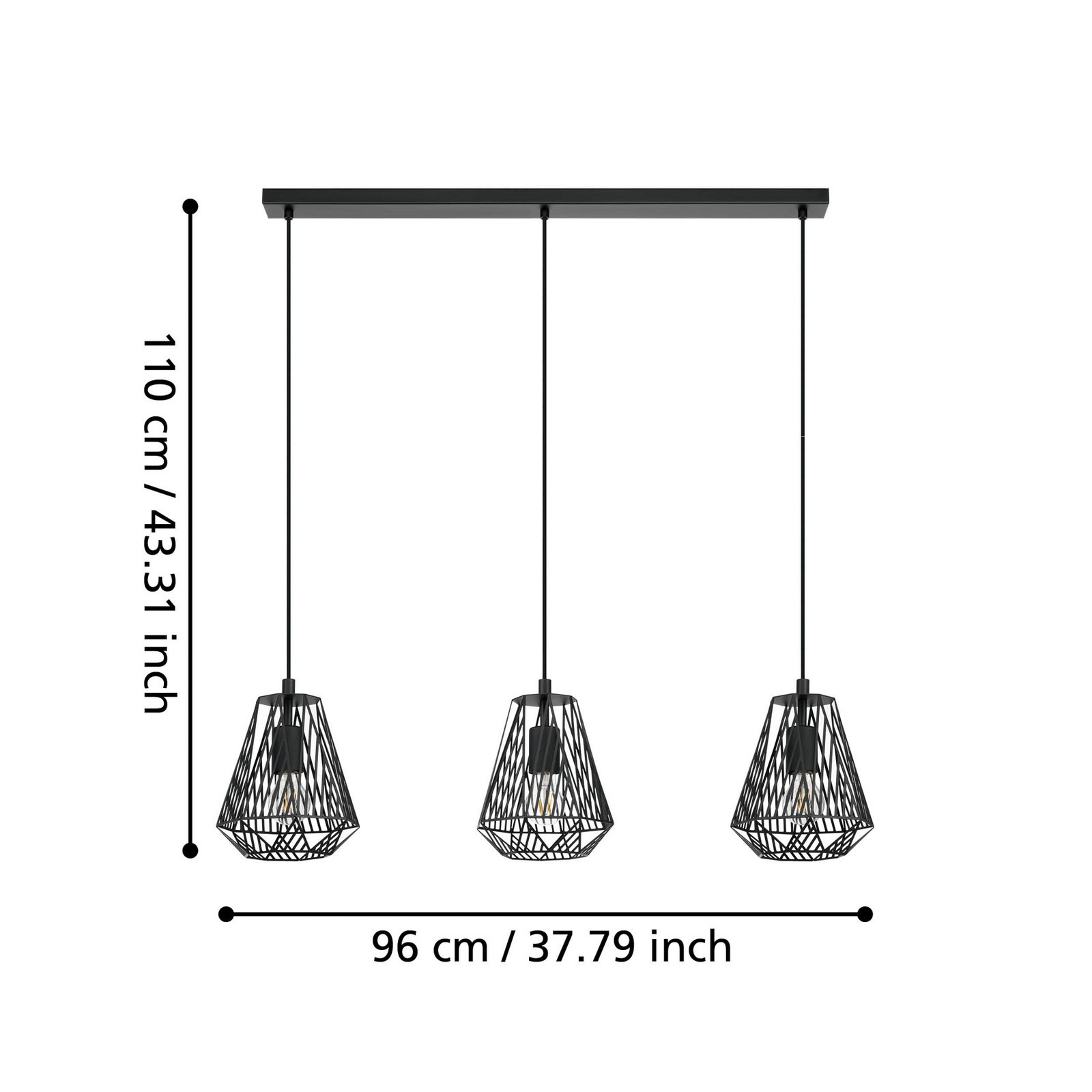 Stype hanglamp, zwart, lengte 96 cm, staal, 3-lamps.
