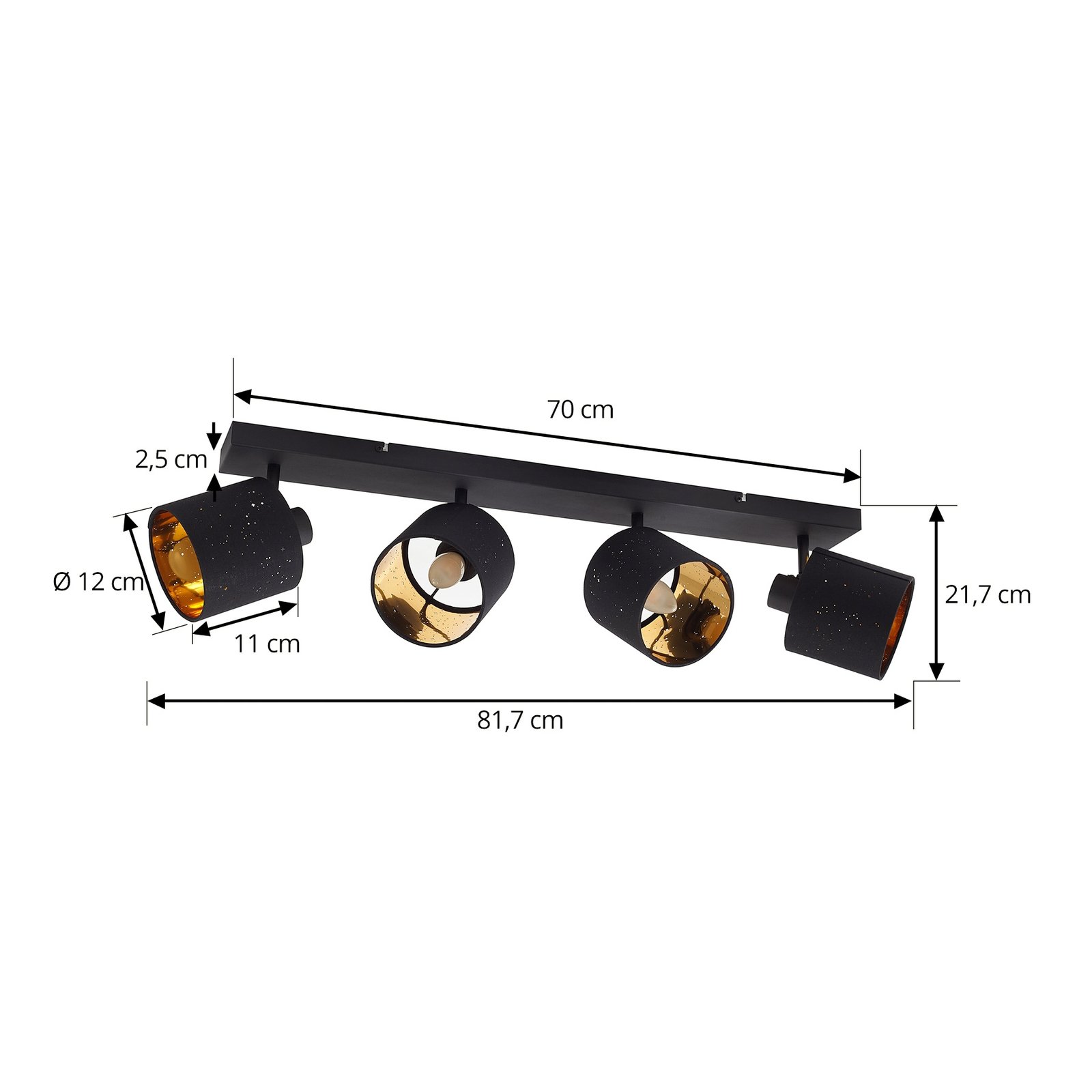 Lindby Deckenleuchte Vasilia, 4-flammig, schwarz/gold, Stoff