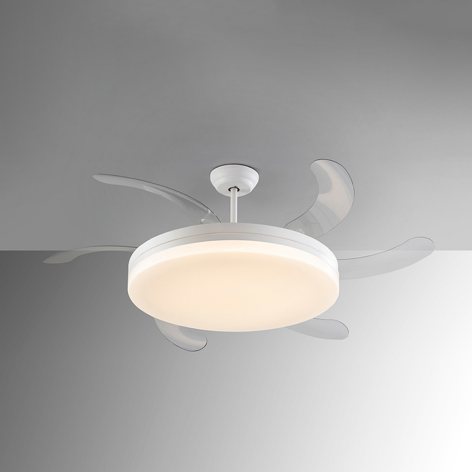 LED stropni ventilator Vento bel/prozoren, DC Ø 150 cm tih