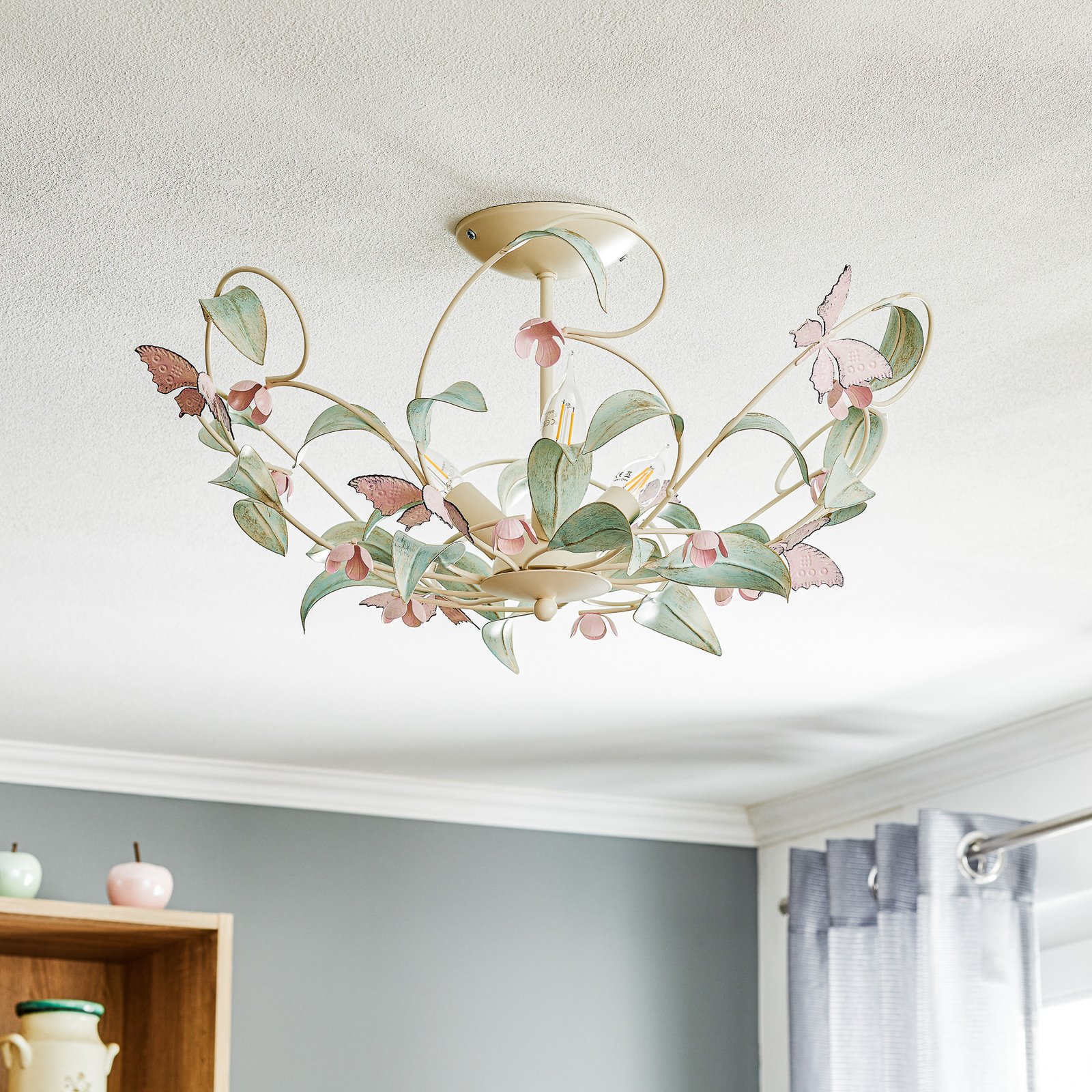 Butterfly plafondlamp, wit/groen/roze, 3-lamps