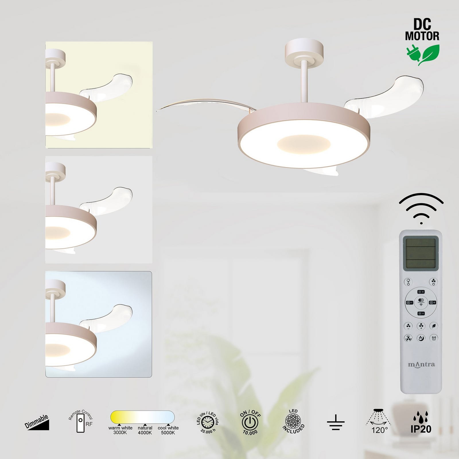 Ventilador de techo LED inteligente Coin Mini, beige/blanco, CC, silencioso Ventilador de techo LED inteligente Coin Mini, beige/blanco, CC, silencioso