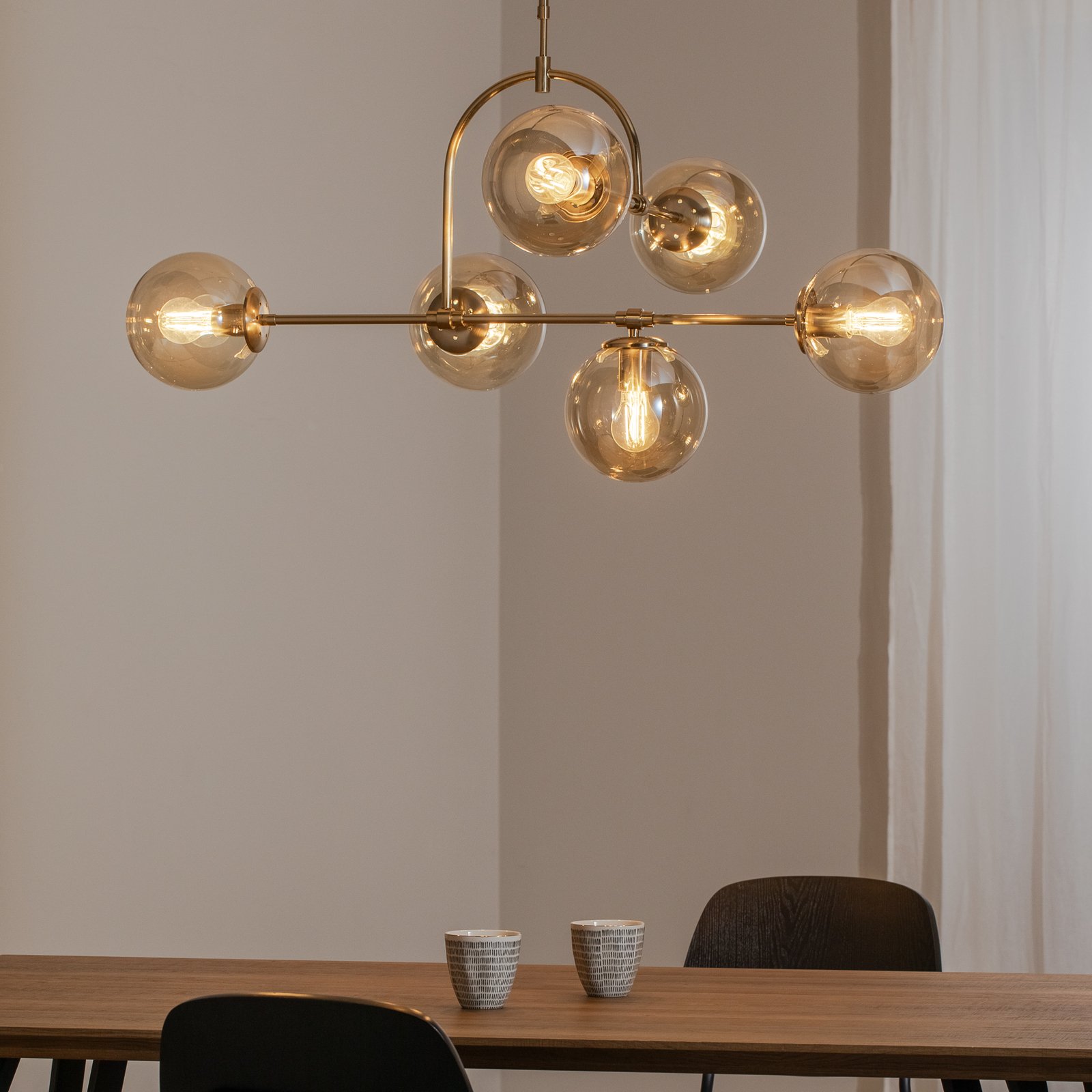 Portemo pendant light, brass, length 104 cm, 6-bulb, glass