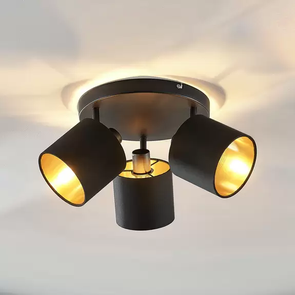 Lampenwelt Stoff-Deckenlampe Vasilia in Schwarz-Gold, 3-fl