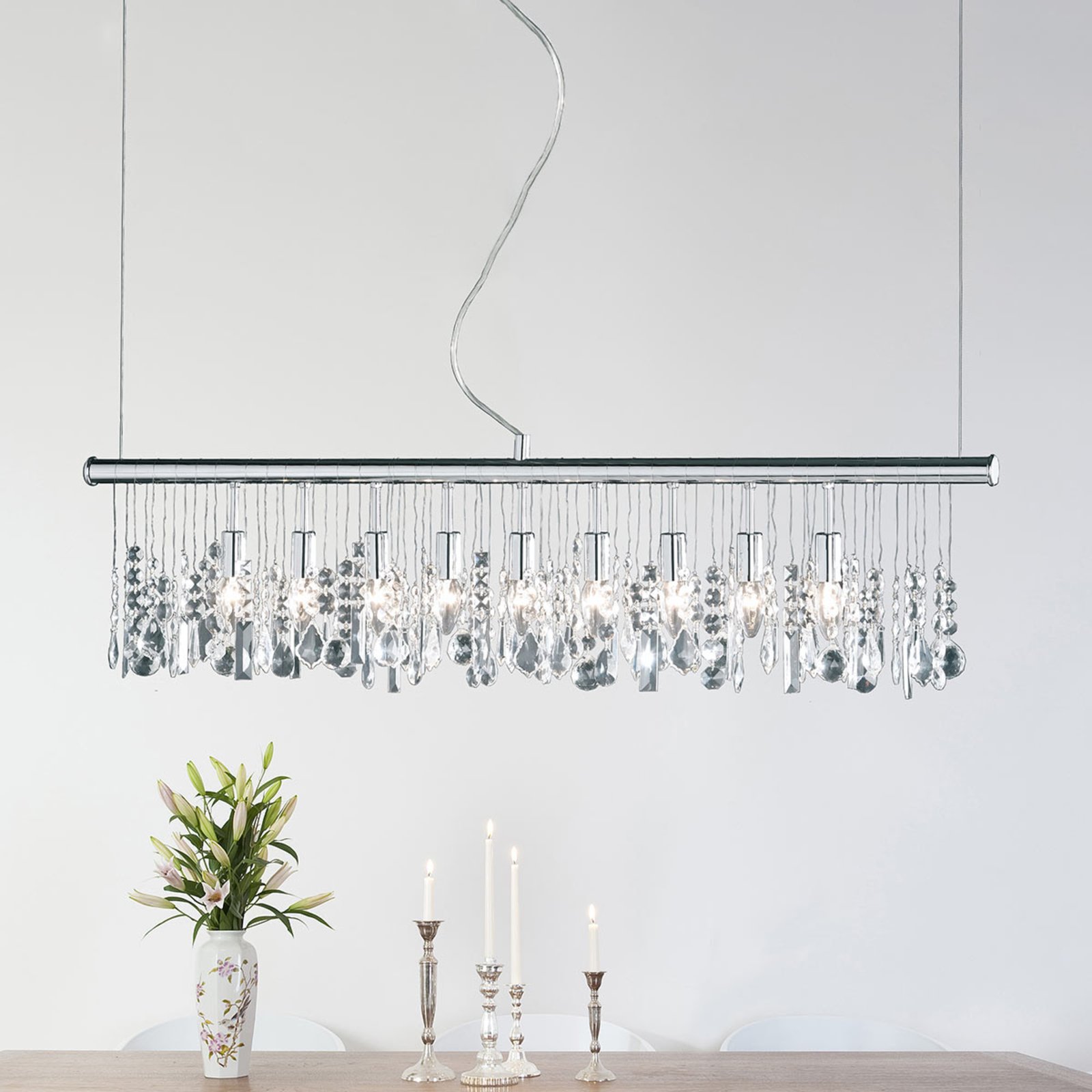 Wofi Sparkling Crystal hanging light with 9 bulbs, for Living / Dining Room, Metal, glass, E14, 40 W, energy efficiency: A++, L: 120 cm