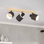 Spot pour plafond Batallas, longueur 48 cm, noir/bois, à 3 lampes.
