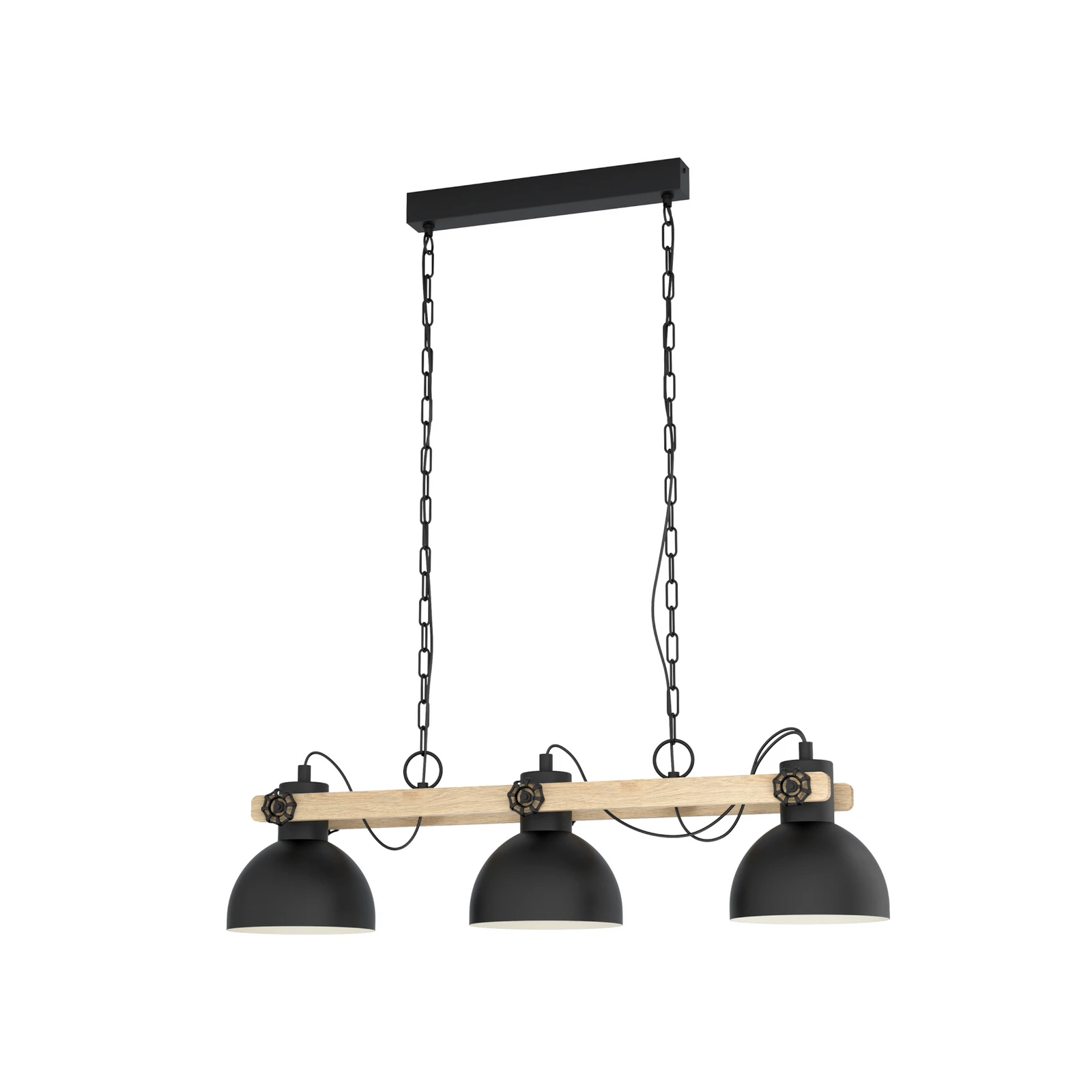 Hanglamp Lubenham, zwart/licht hout, lengte 90 cm, 3-lamps.