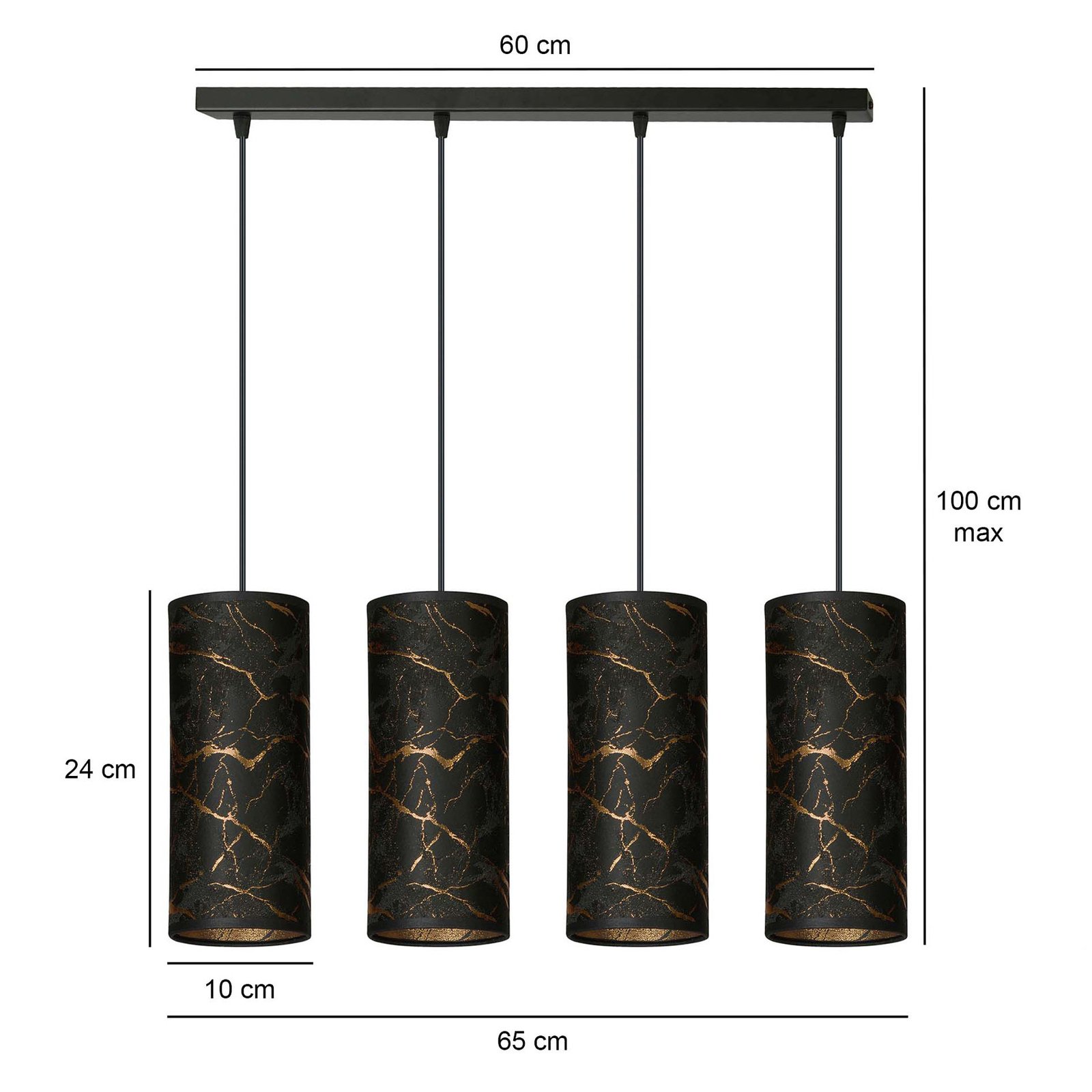 Hanglamp Joni, 4-lamps lang, zwart-gemarmerd