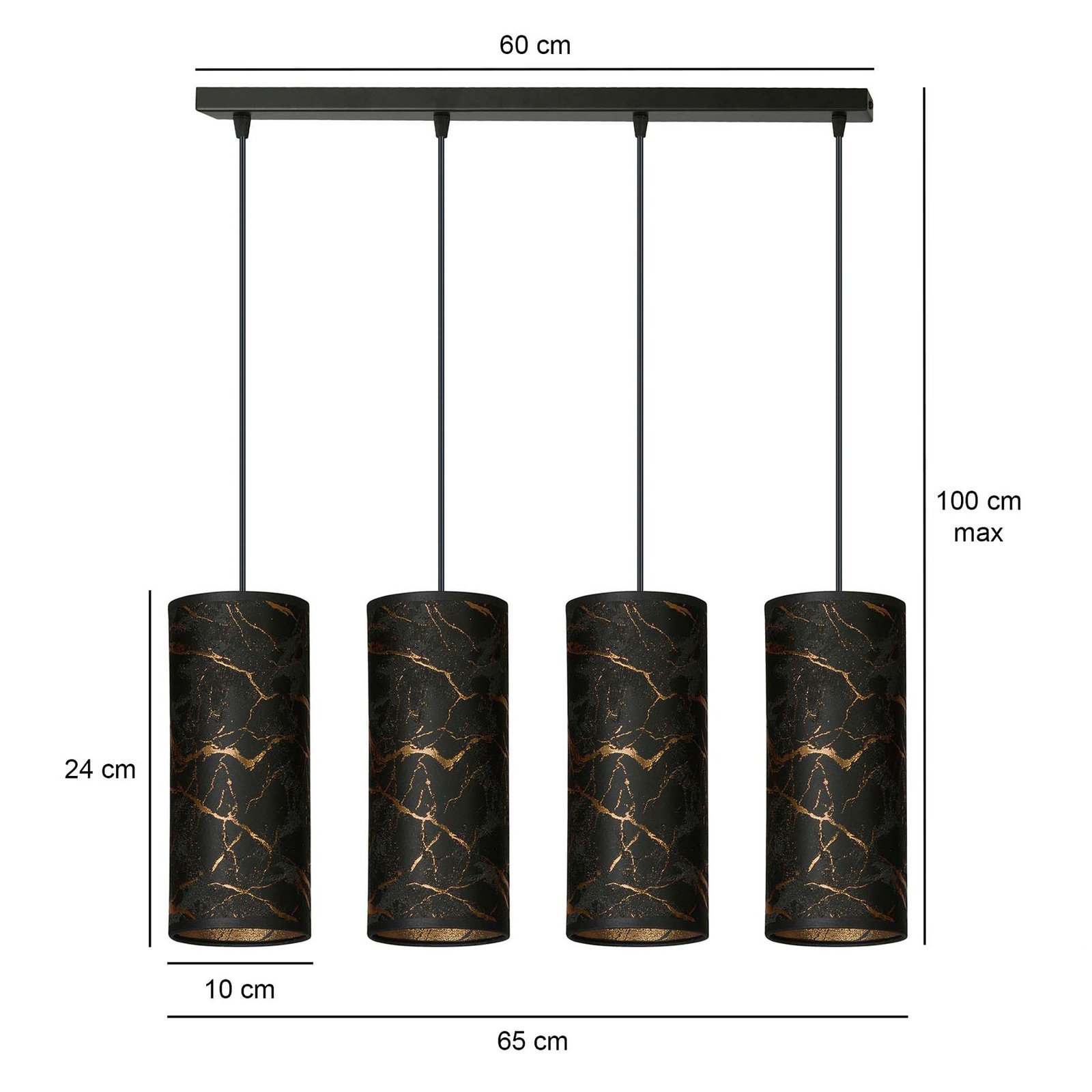 Joni pendant light, 4-bulb long black-marbled