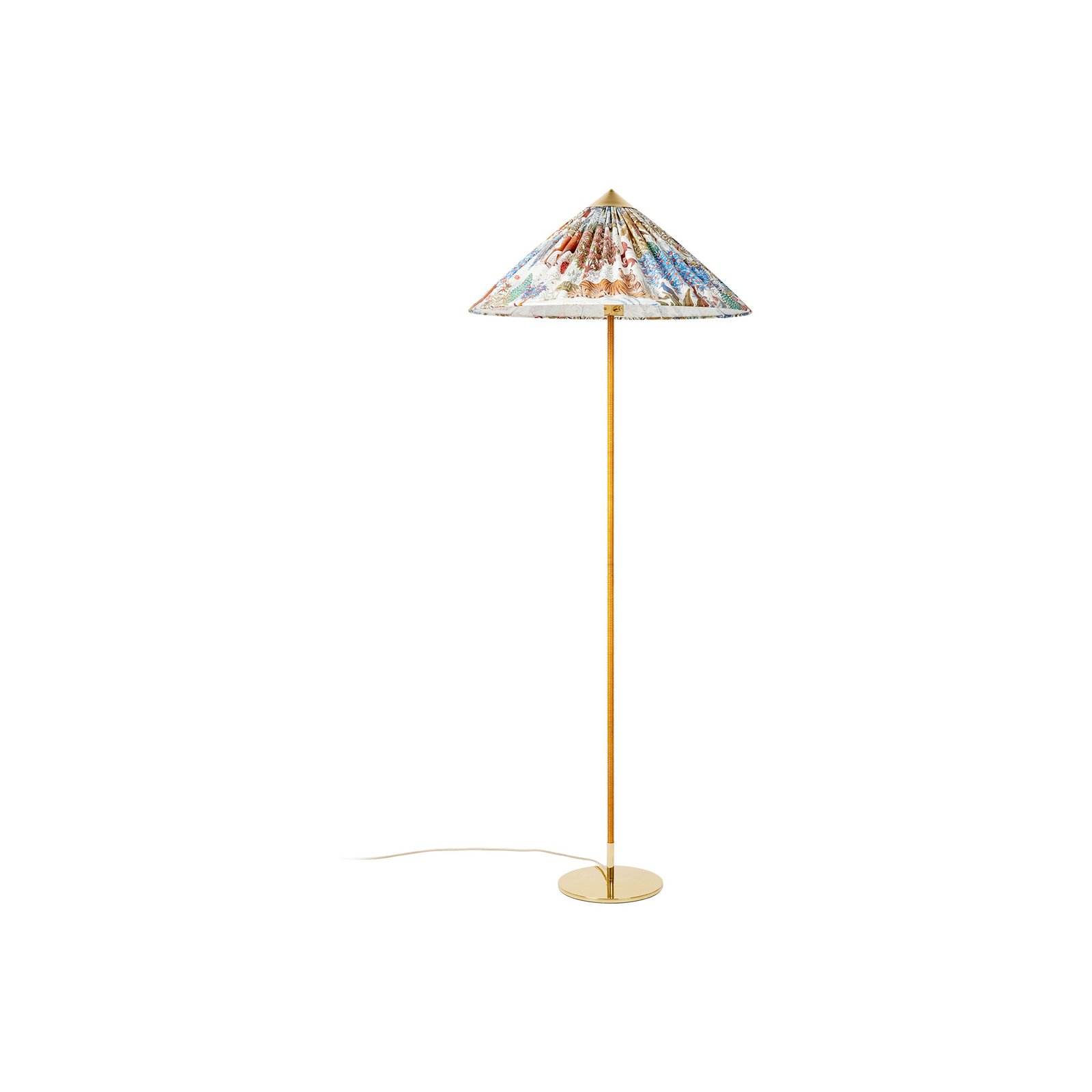 GUBI floor lamp 9602, brass/rattan, fabric shade Pierre Frey