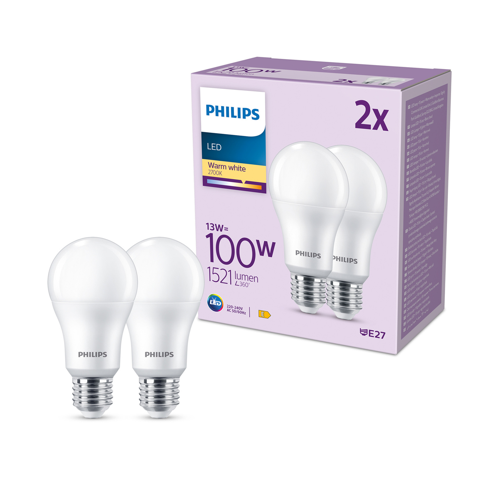 Philips LED lámpa E27 13W 1521lm 2700K matt 2db