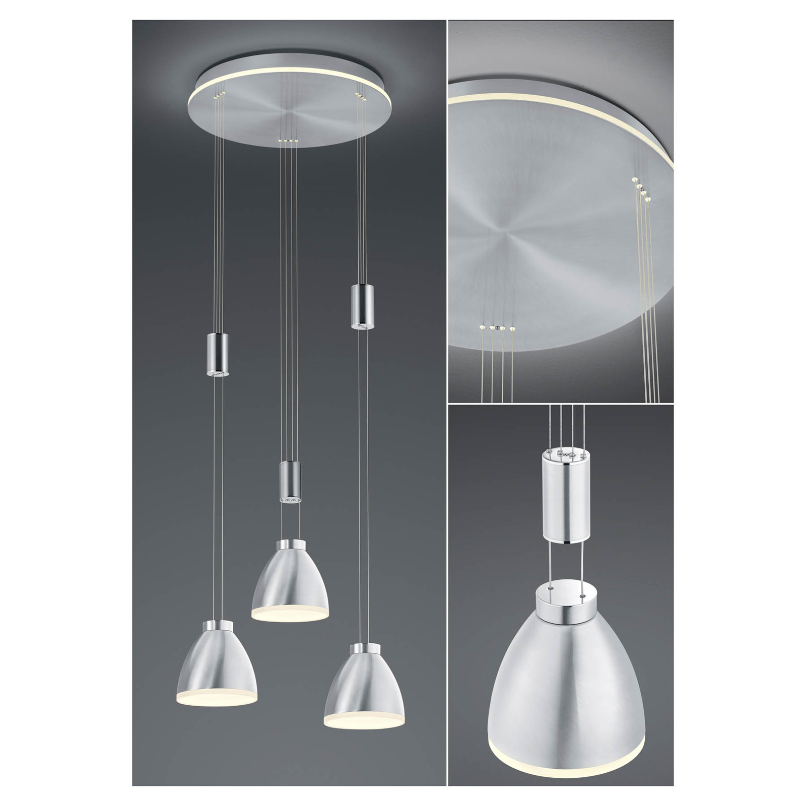 Leni LED pendant light, 3-bulb, round nickel