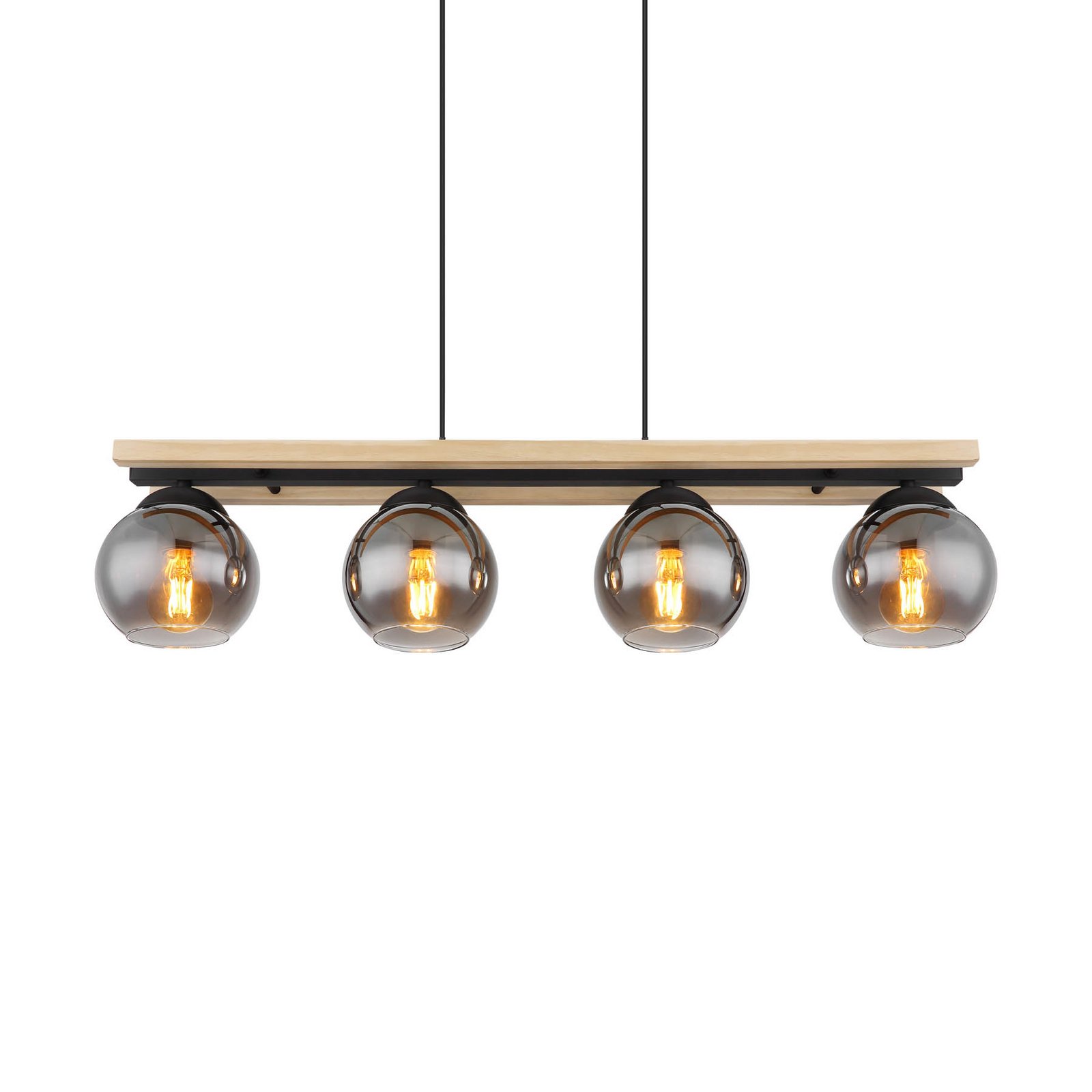 Suspension Conni, longueur 85 cm, gris fumé, bois/verre, 4 lampes