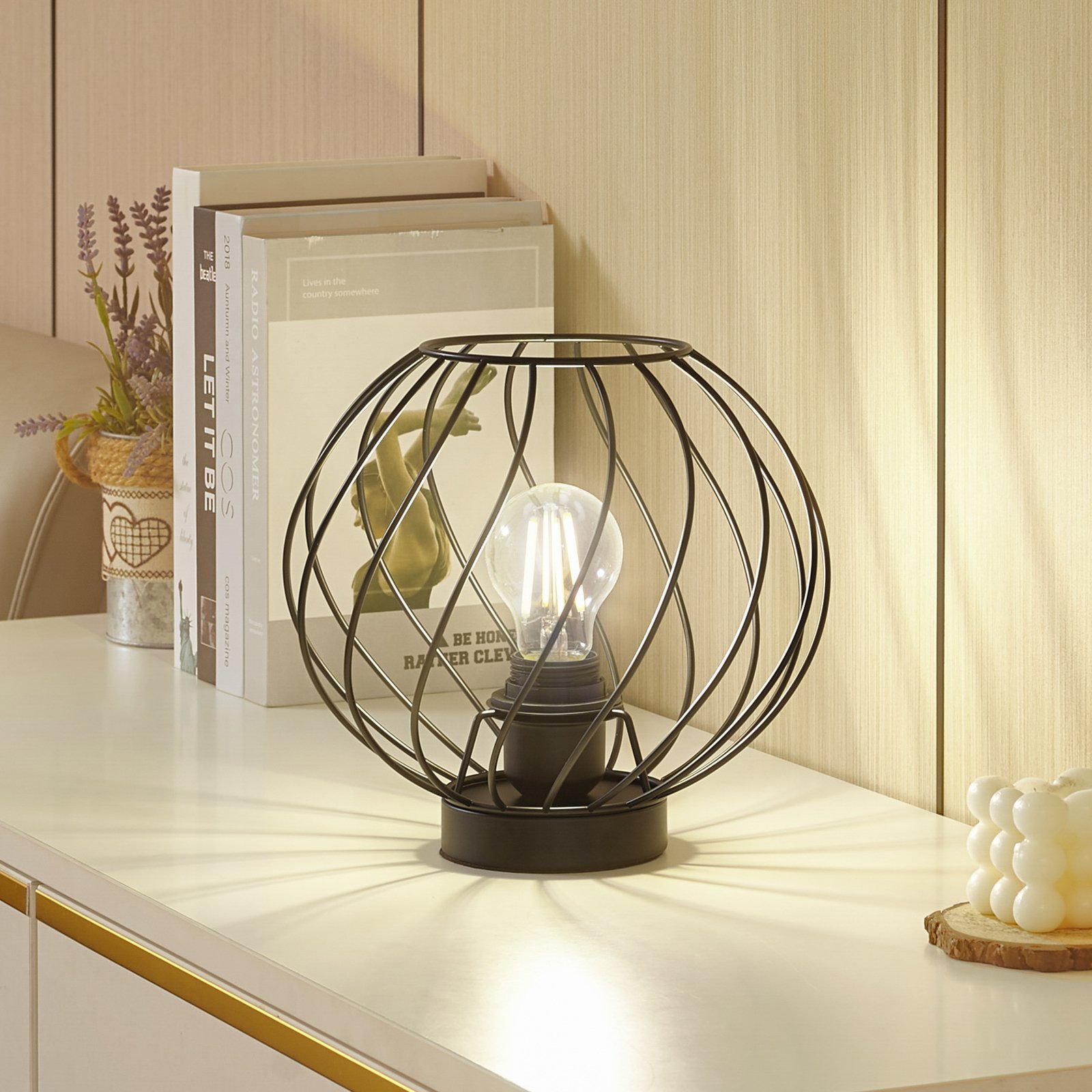 Lindby table lamp Danika, black, metal, Ø 25 cm