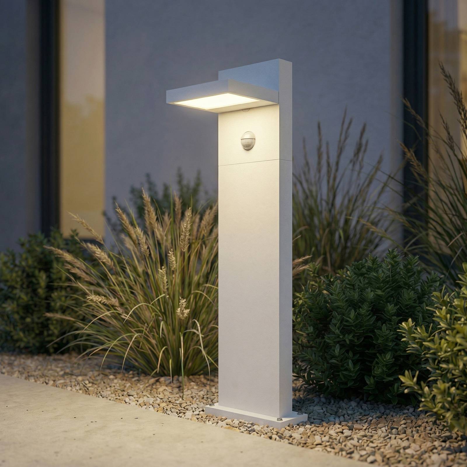 Bornes lumineuses LED Lucande Silvan, blanche, 65 cm, avec capteur, IP54