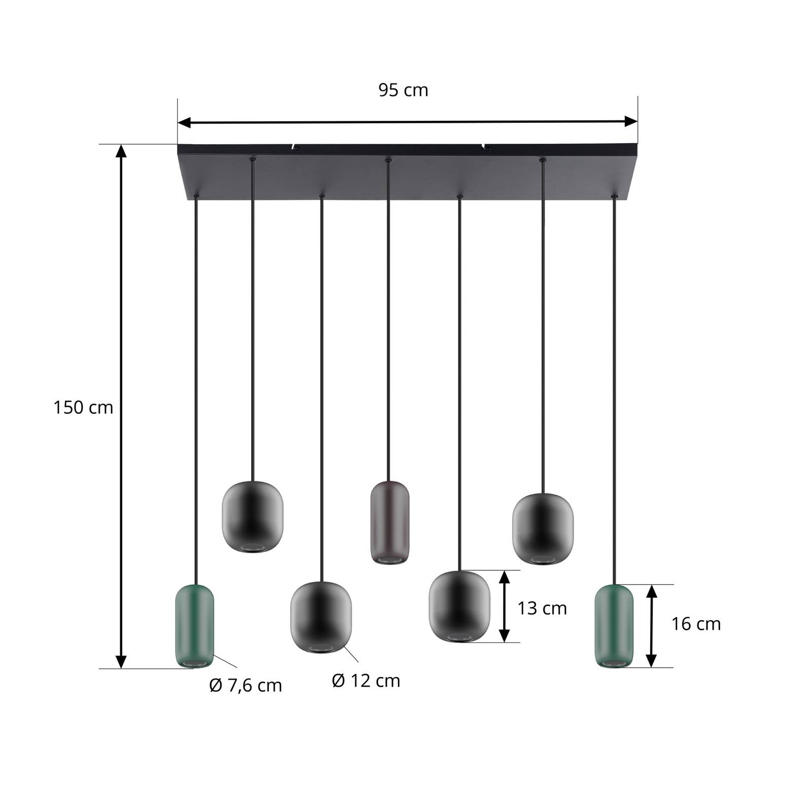 Lampa wisząca Narion Lucande, liniowa, czarna/brązowa/zielona, 7-punktowa