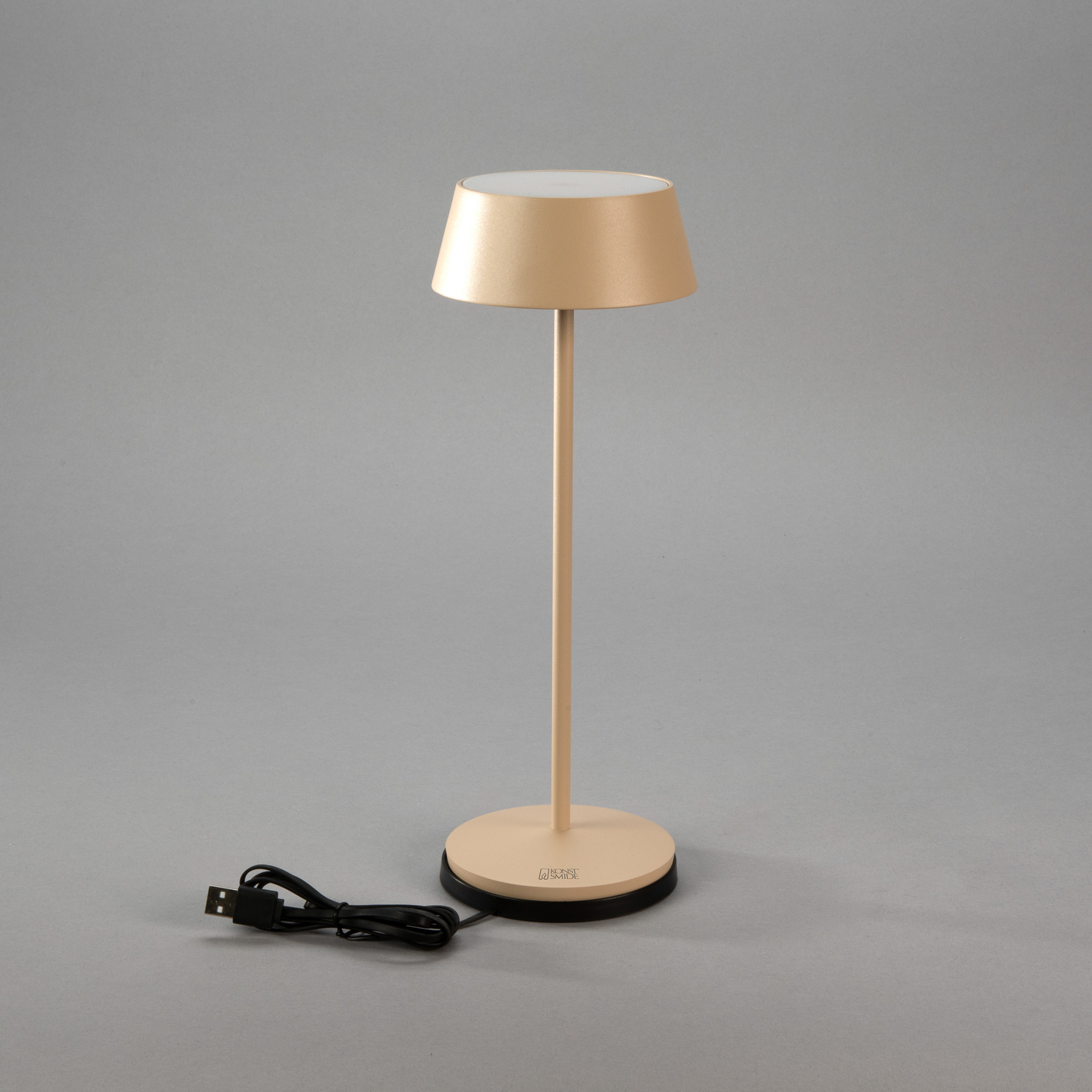 LED-akutoitega laualamp Menton, liivavärvi, kõrgus 27 cm, IP54, USB