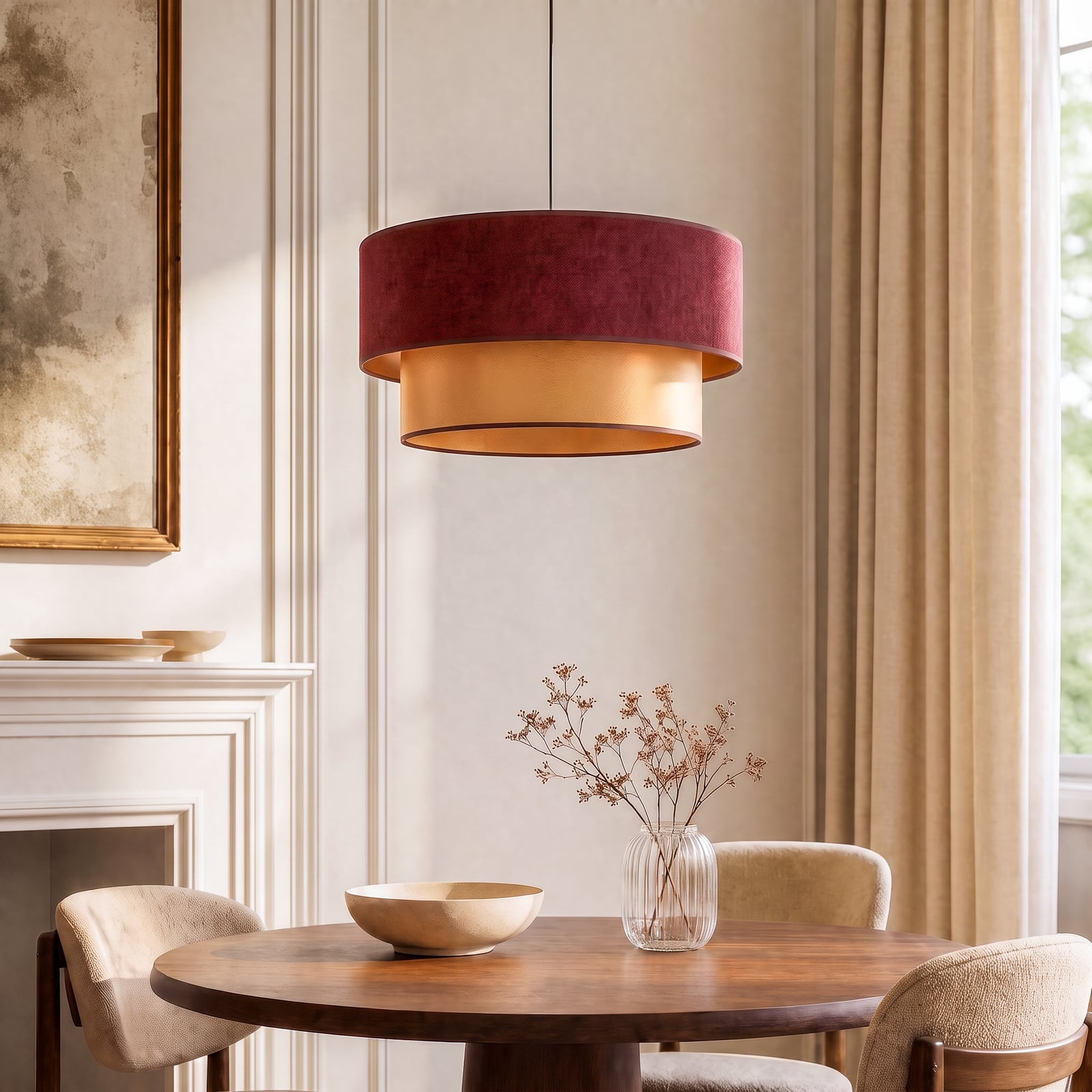 Lampada a sospensione Dorina, rosso scuro/oro, Ø 45 cm, tessuto, E27 - Duolla