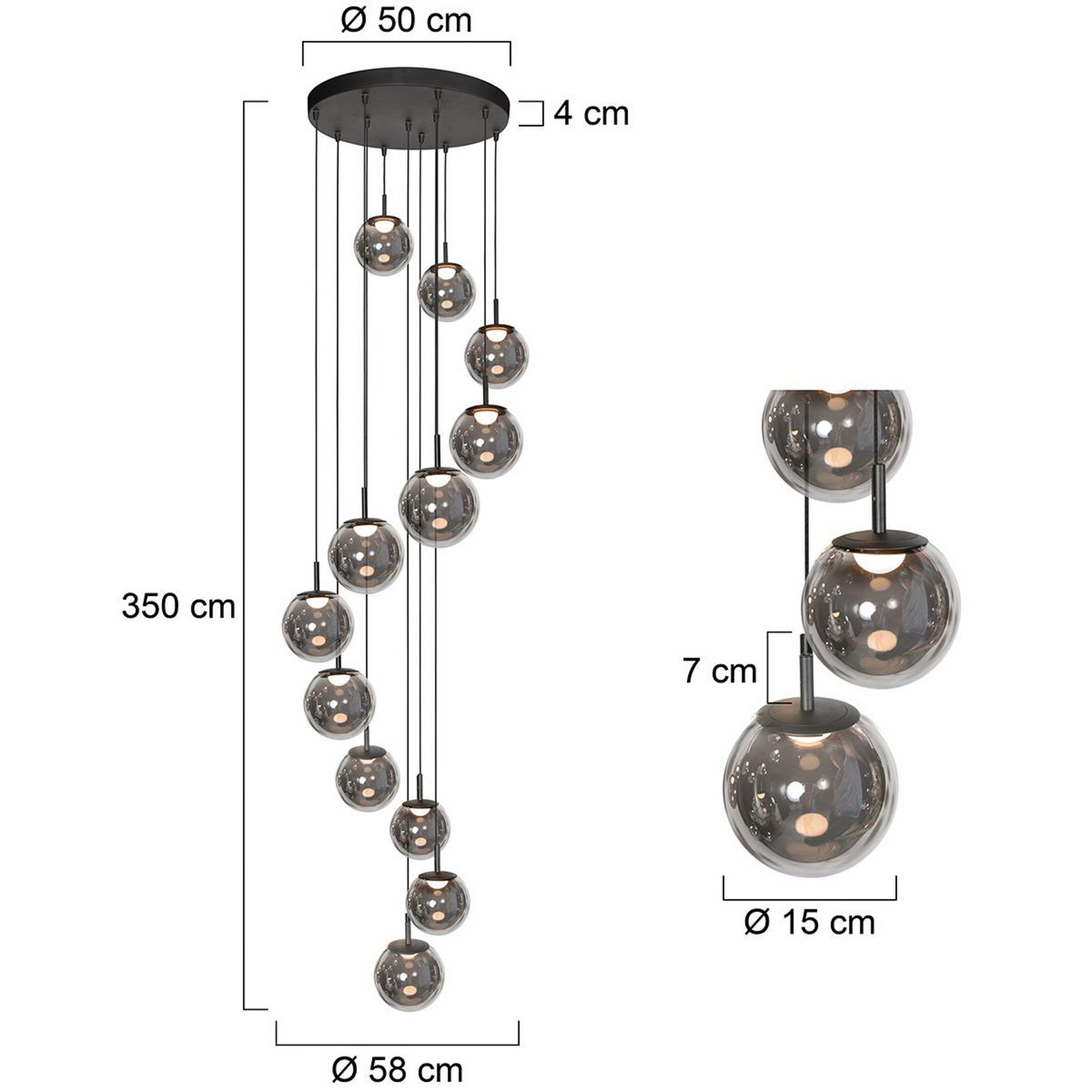 LED pendant light Bollique, 12-bulb. Round, black, glass