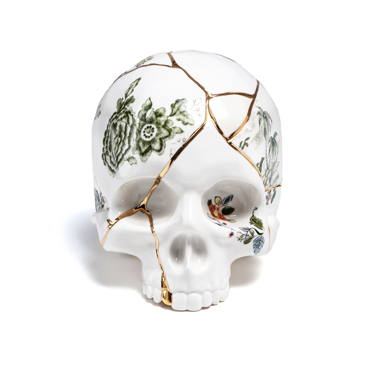 SELETTI Sculpture Kintsugi Skull, blanc, porcelaine, or