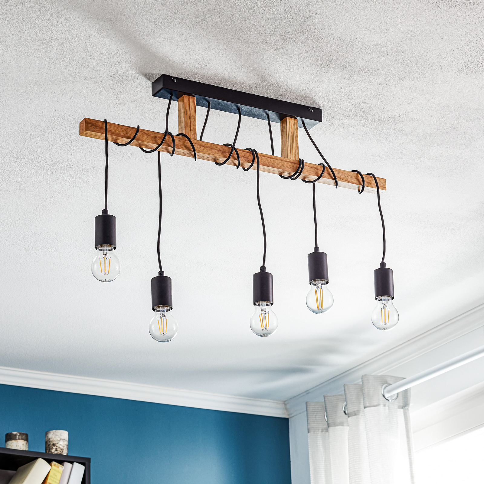 Tyske hanging light, wood, 5-bulb, black