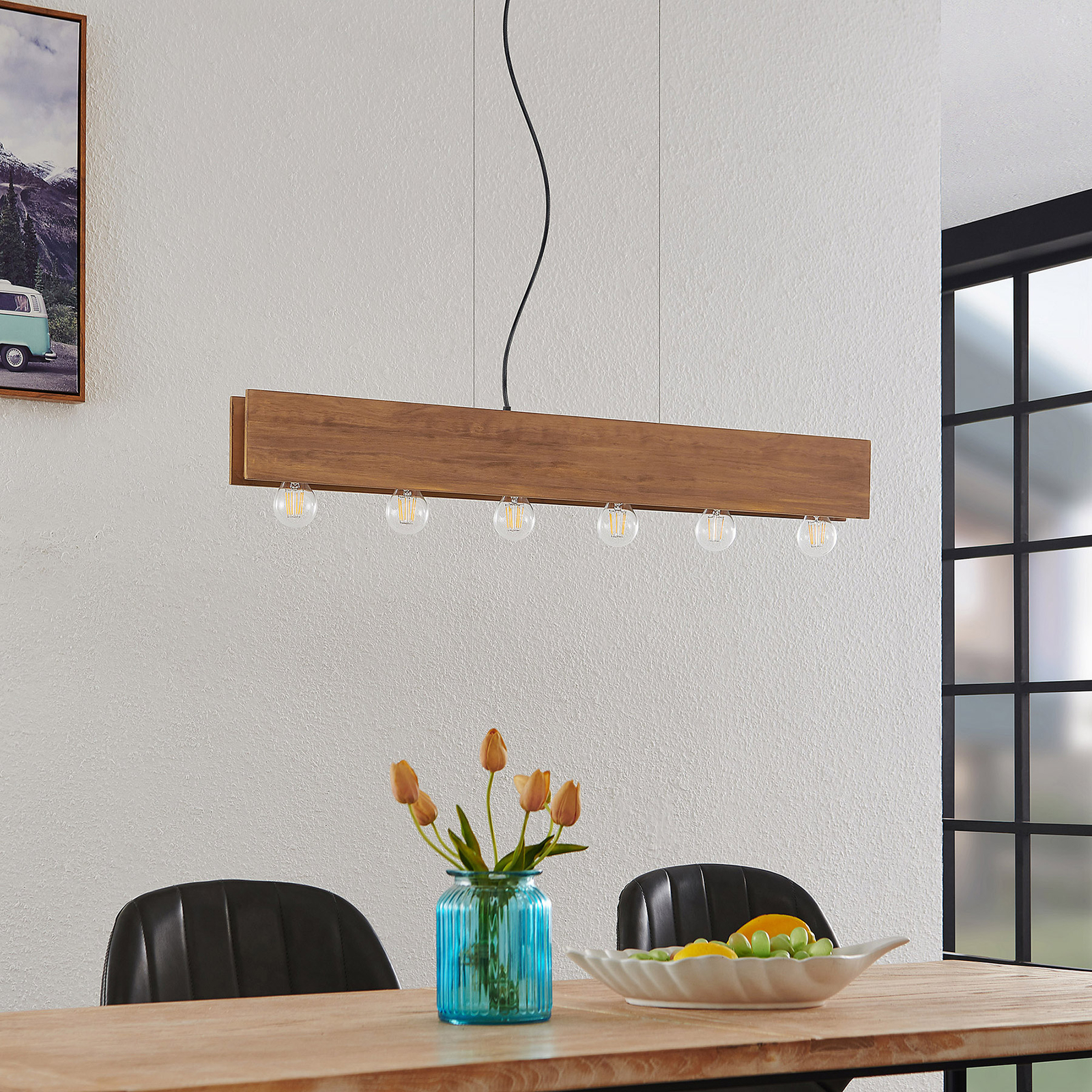 Lindby Malwin suspension en bois, longue, 6 lampes, E27