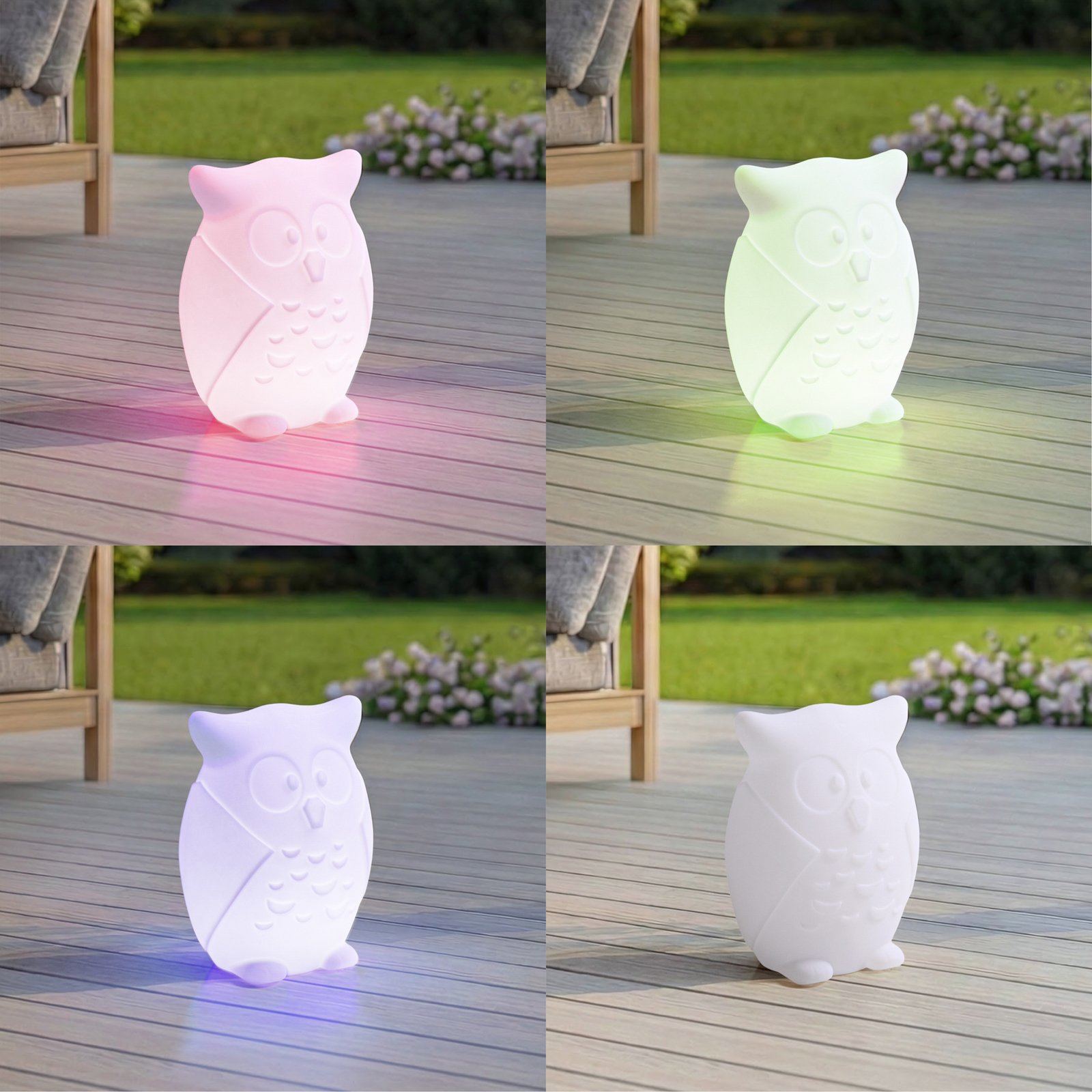 Lampe de table LED rechargeable Lindby Errol, hibou, blanc, RGBW, IP54