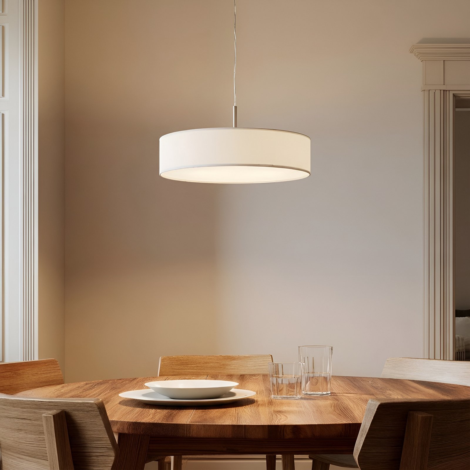 Lindby hanglamp Sebatin, Ø 50 cm, wit, stof, E27