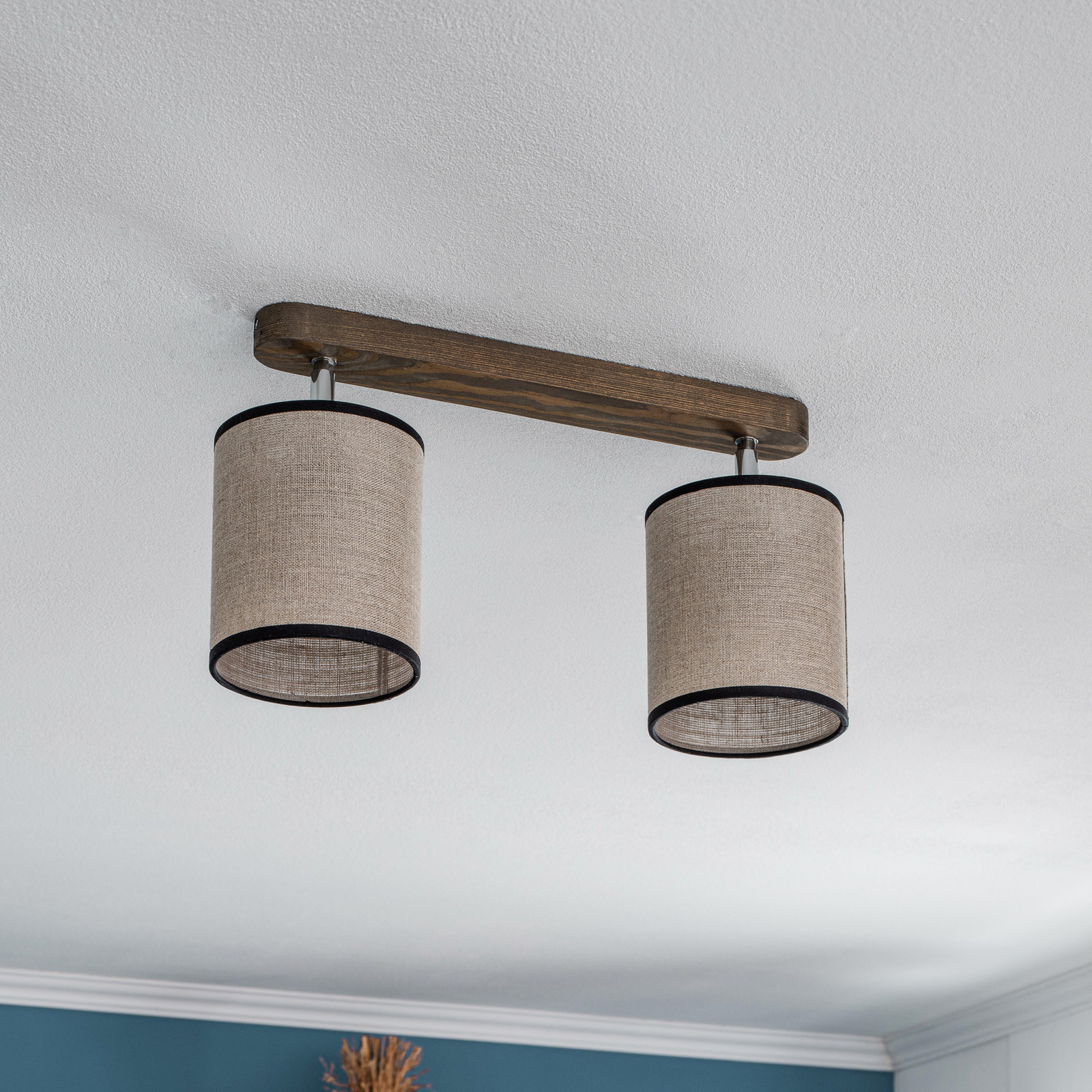 Tubo ceiling spotlight, pine wood, beige, 2-bulb