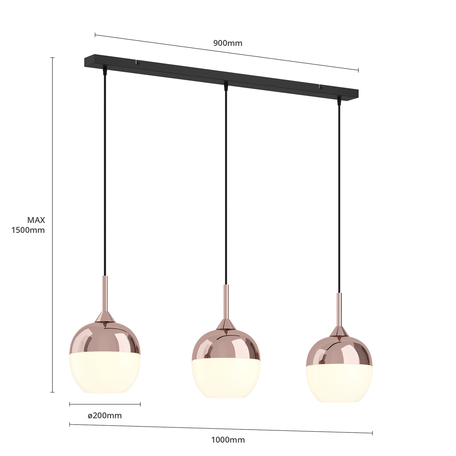 Lindby Pendellampe Rangina, 100 cm, kupfer, 3-flammig, Glas