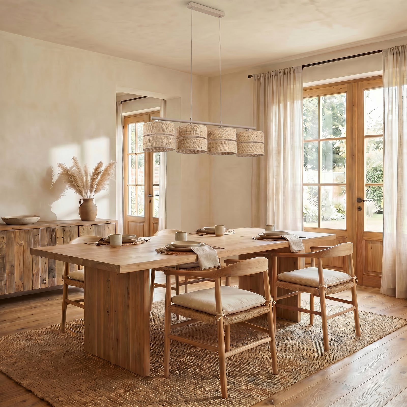 Hengelampe Calma, 4 lyskilder, beige, bast, lengde 95 cm