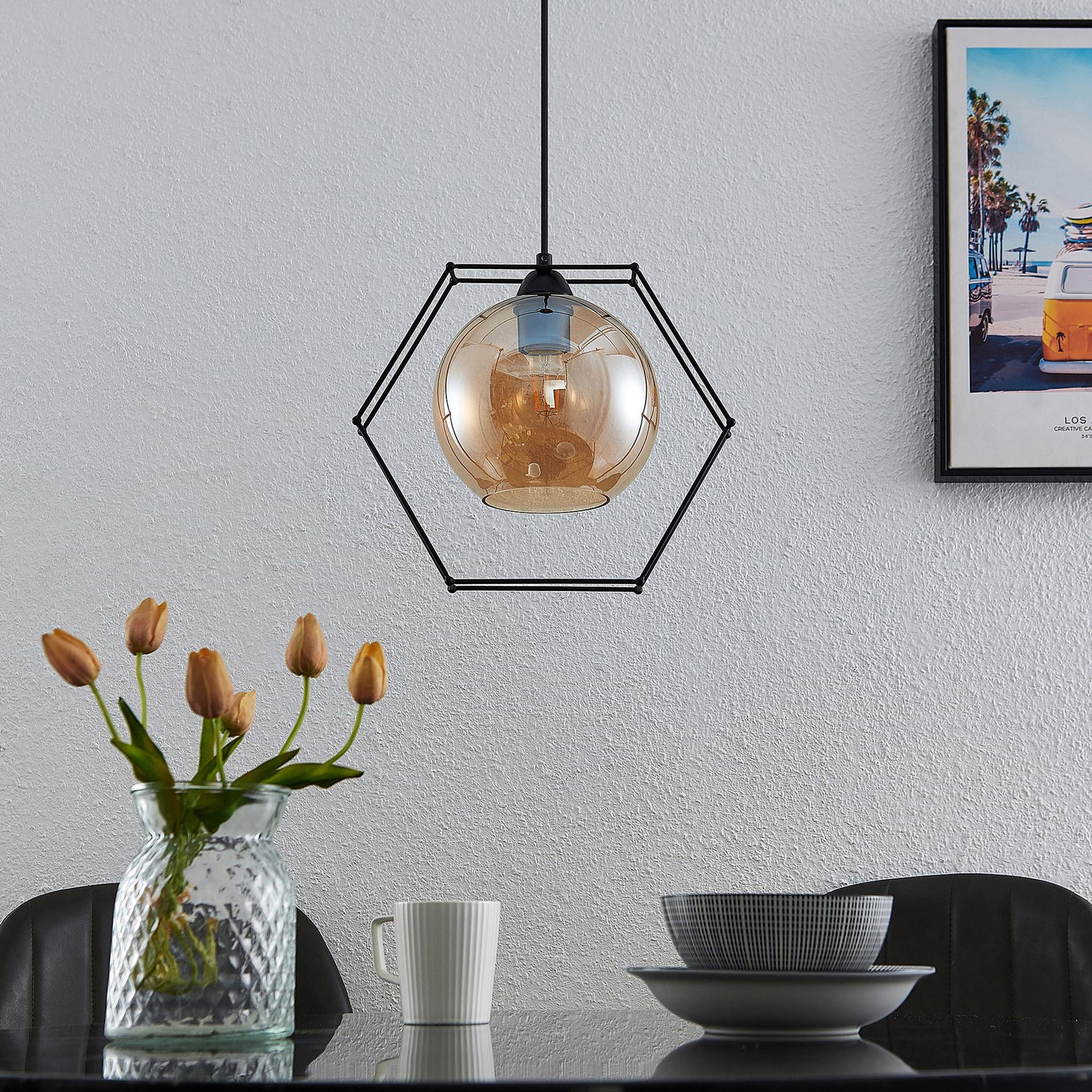 Lindby Dajanira pendant light, one-bulb, amber