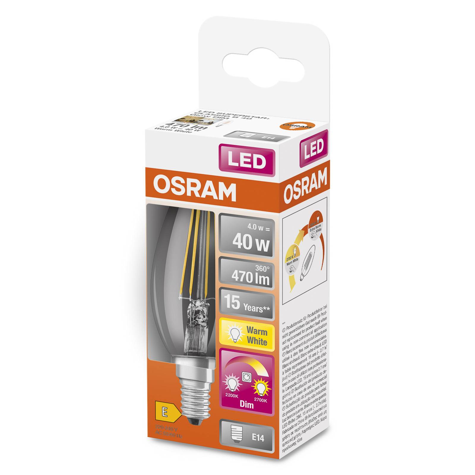 OSRAM-LED-lamppu E14 4W GLOWdim kirkas