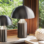 Oluce Tischleuchte Atollo, nickel satin, Dimmer, Alu, Ø 50cm