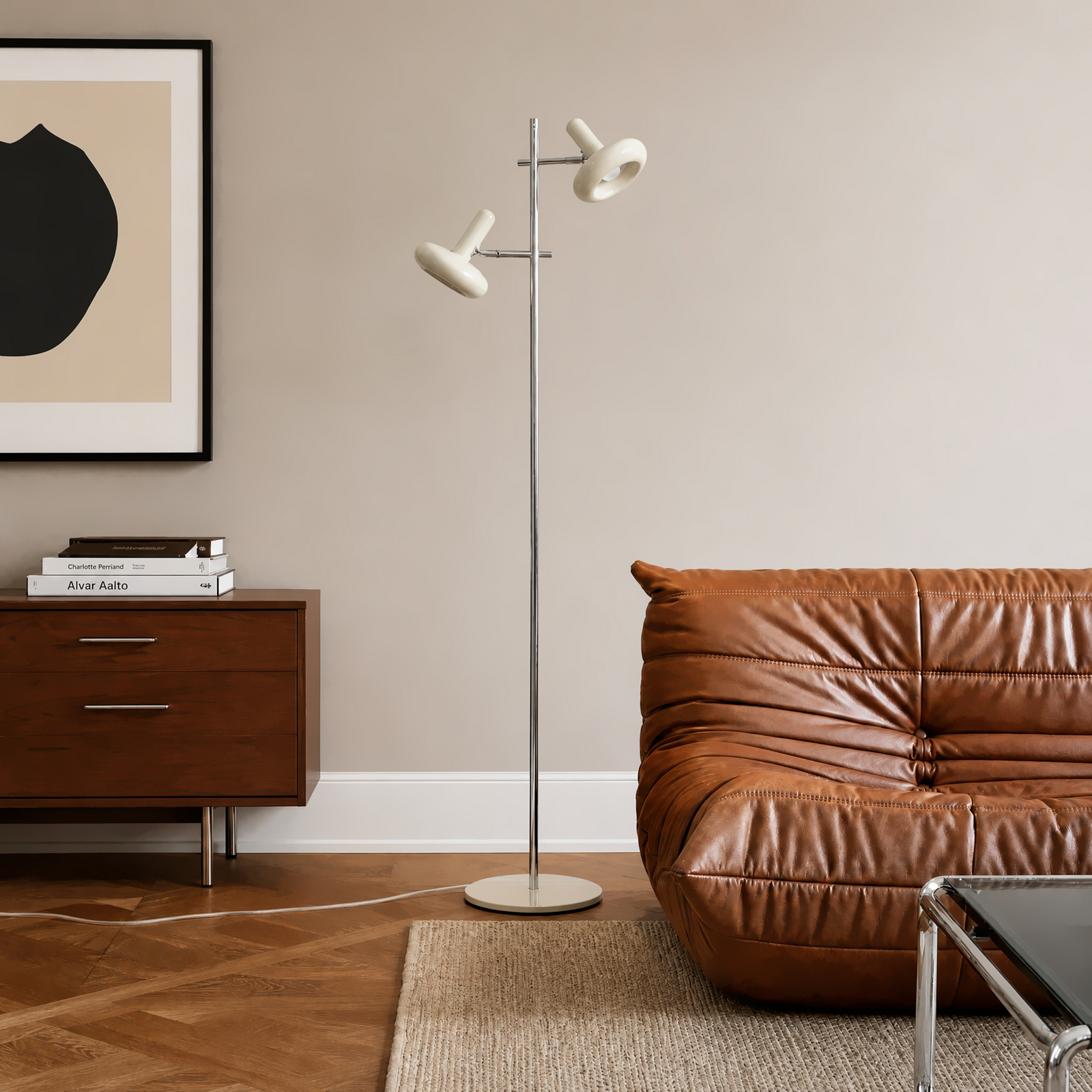 Lindby Stehleuchte Dylan, 2-flg., chrom/beige, 150 cm, E14 Lindby Stehleuchte Dylan, 2-flg., chrom/beige, 150 cm, E14