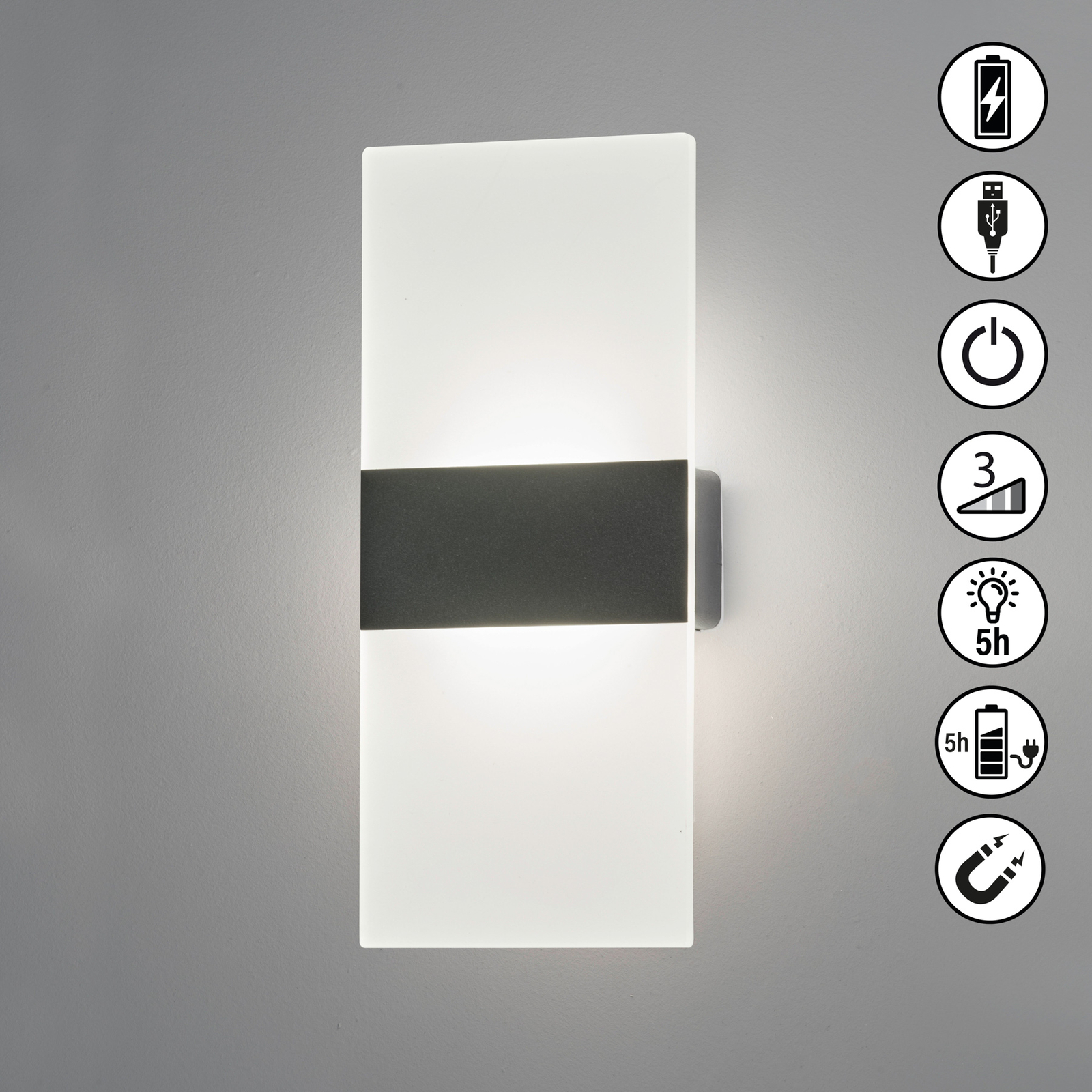 Magnetics LED uzlādējams sienas apgaismojums, 22,5 cm augsts