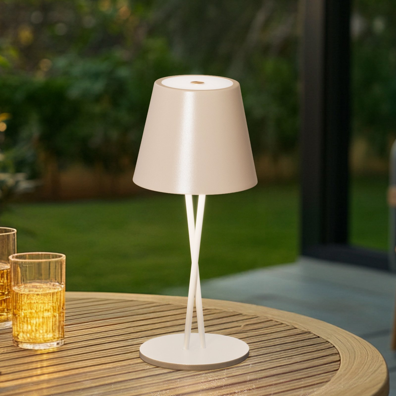 Lindby LED uzlādējama galda lampa Janea, CROSS, bēšs, metāls