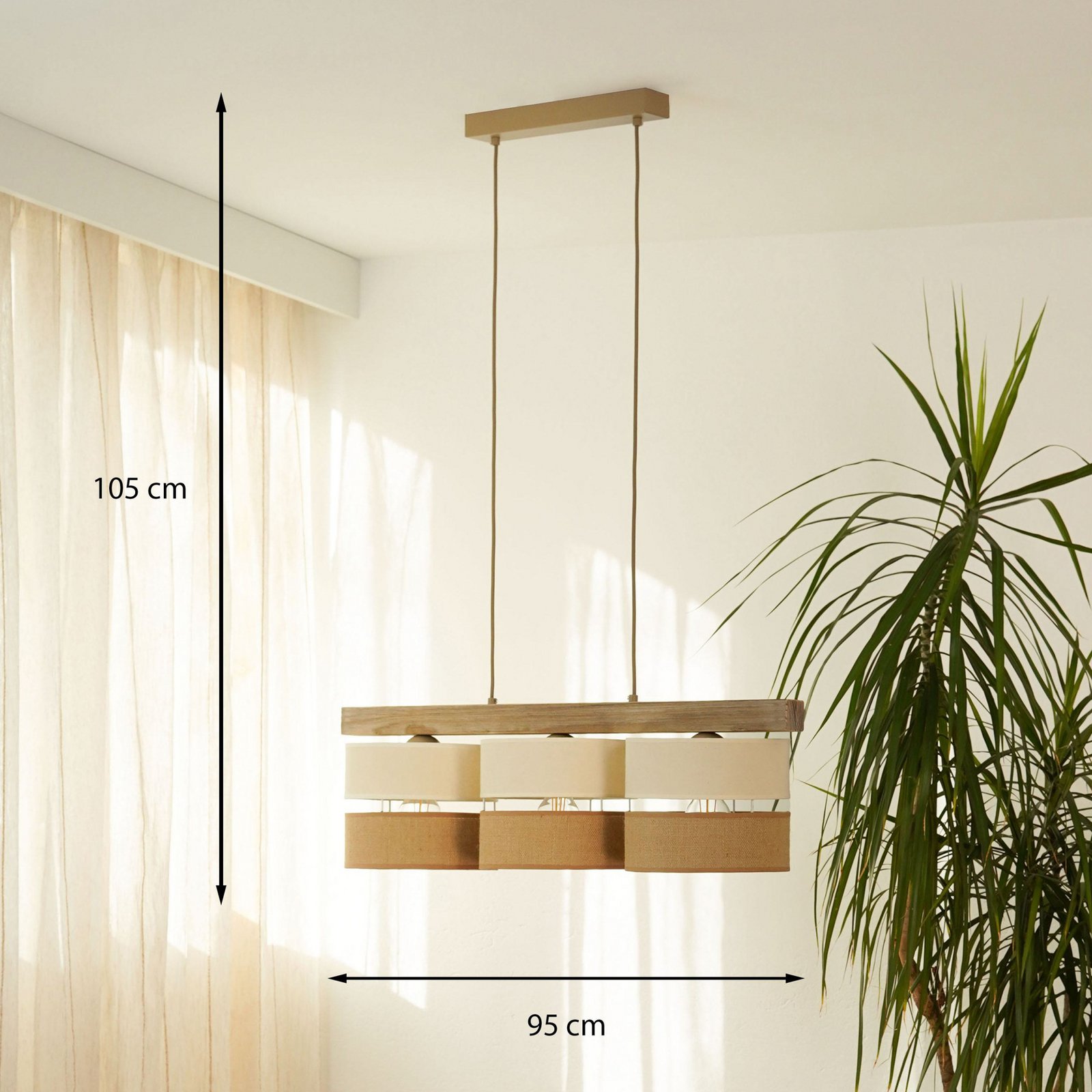 Hängeleuchte Treeon, 3-flammig, Holz, Jute, naturfarben/ecru