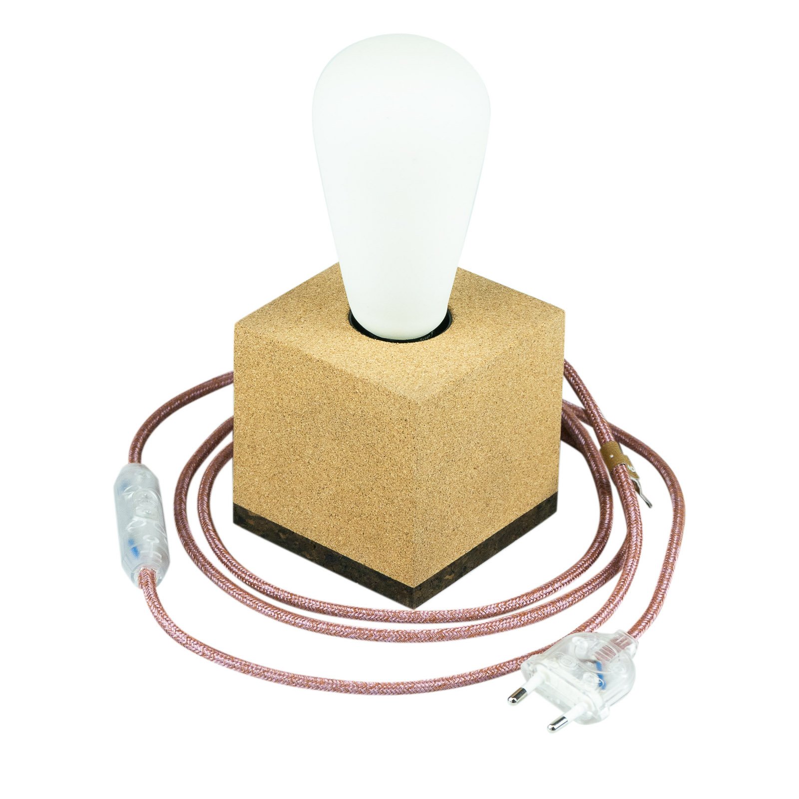 Segula SEGULA Cube table lamp made of cork, marsala cable, for Living / Dining Room, cork, fabric, E27, 70 W, energy efficiency: A++, L: 9 cm, W: 9 cm, H: 9 cm