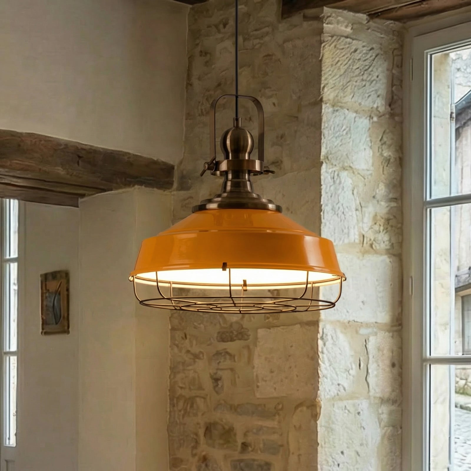 ROYALTECH Lampă suspendată Astel galben Ø 41 cm metal detaliu alamă antică - Camera de zi / sufragerie - Design industrial - galben alamă antică alb negru