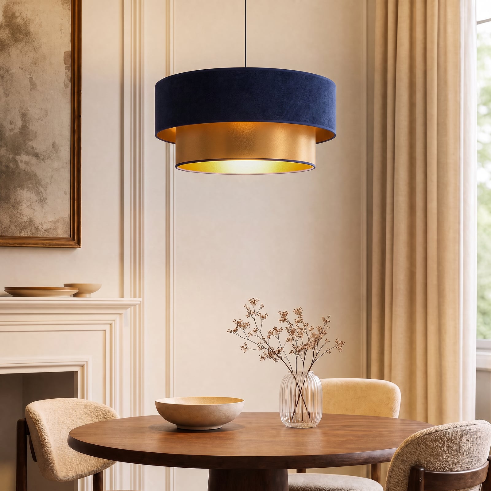 Lampada a sospensione Dorina blu scuro/oro Ø45 cm in tessuto E27 - Duolla