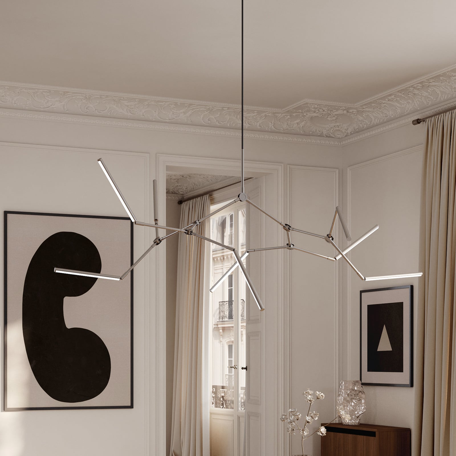 Lustre LED chromé, 196 cm, à 8 lampes