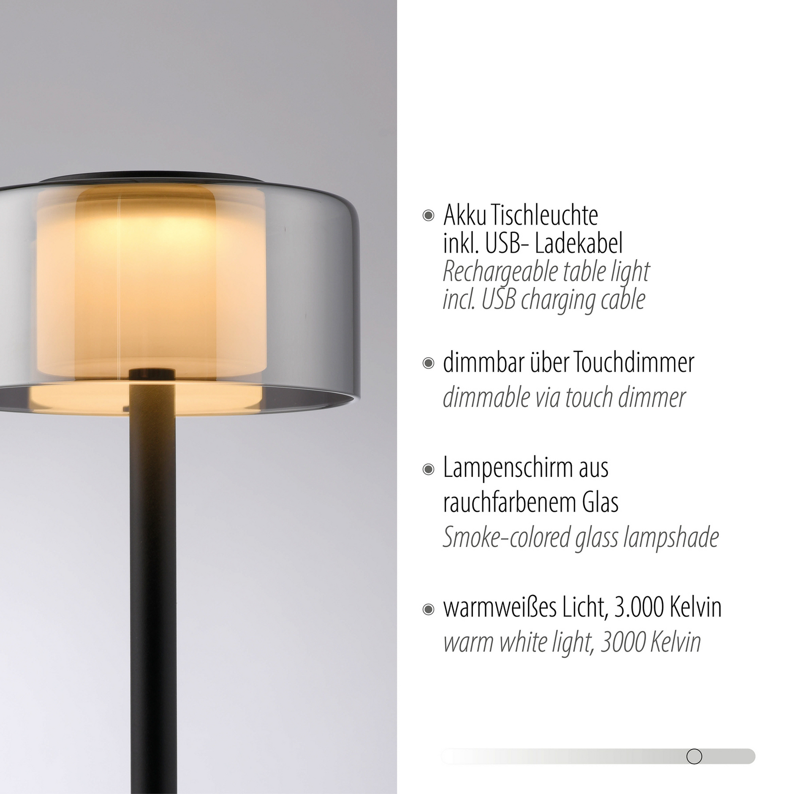 Lampa stołowa LED na akumulator RIKA, czarna, 33 cm, metal/szkło, regulacja