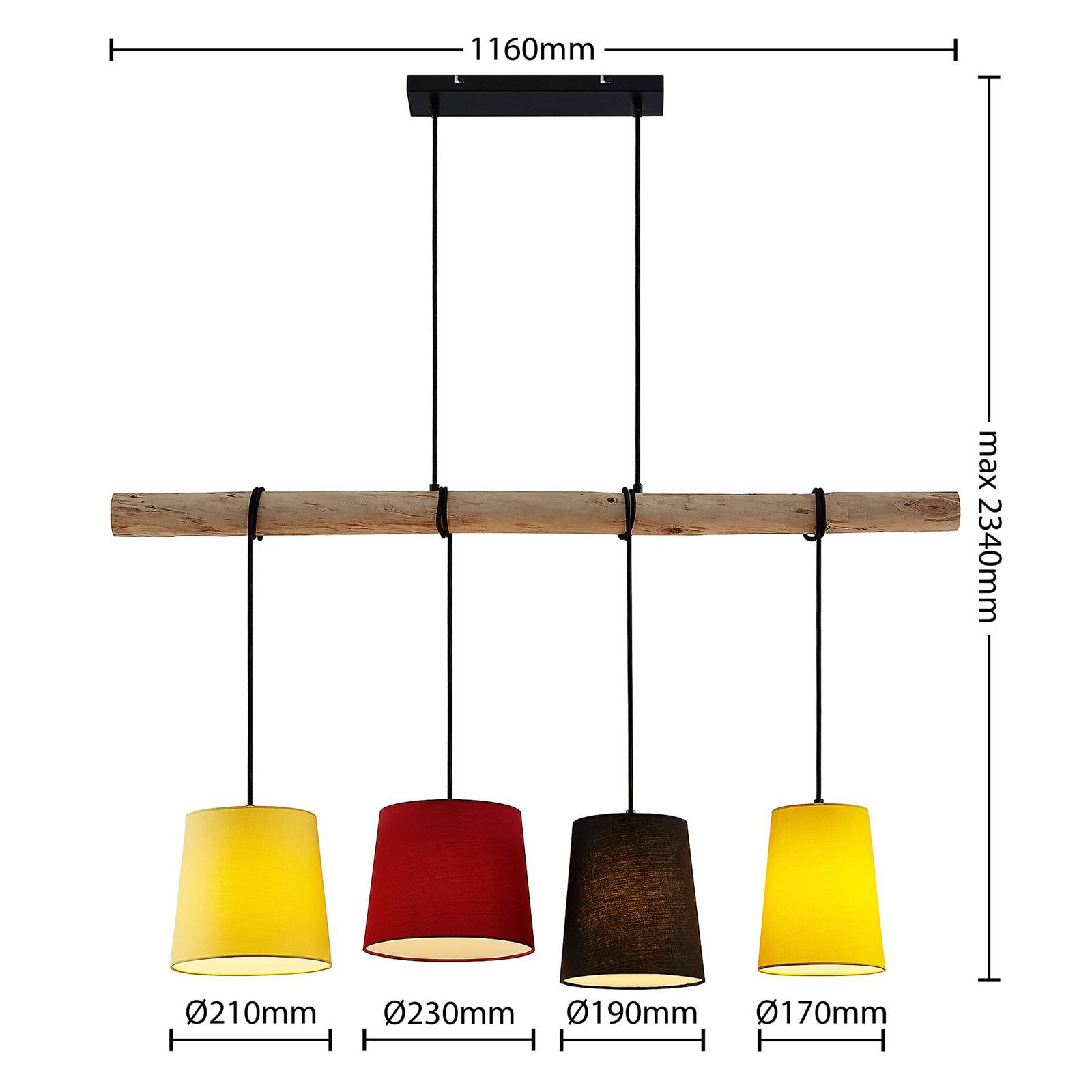 Lampa wisząca Lindby Hinai, czarny/czerwony/żółty, tekstylna, 116 cm