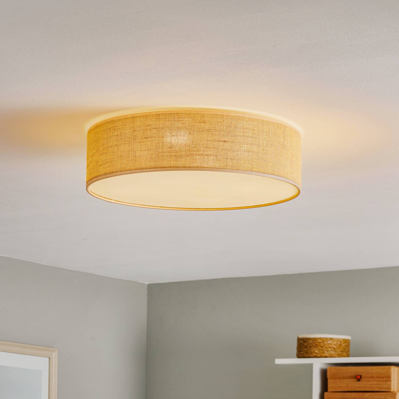 Jute ceiling light with a beige fabric lampshade Lights.ie