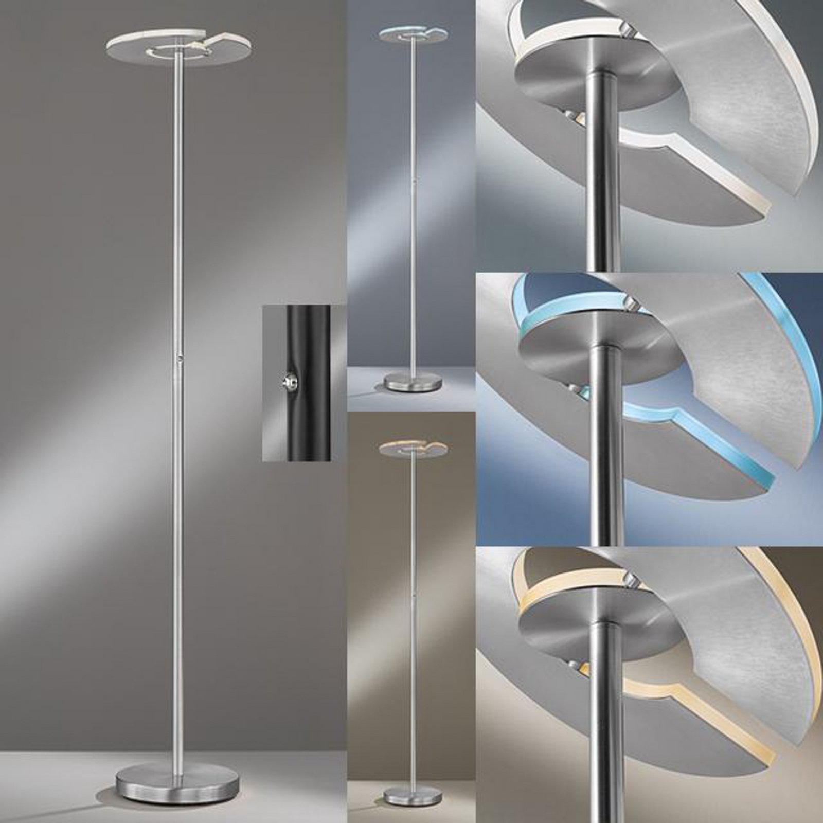 Lampe sur pied LED Dent, nickel mat/chrome, 180 cm, CCT, 1 lampe.