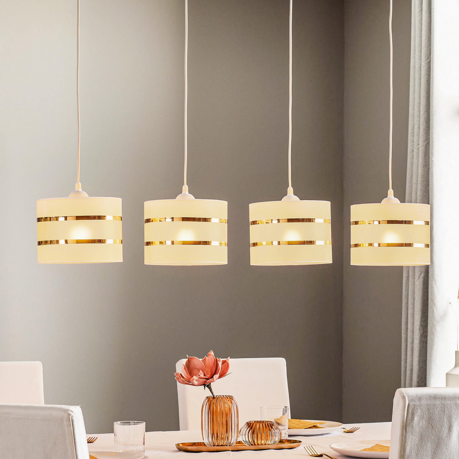 Suspension linéaire Helen, blanc-doré, 4 lampes